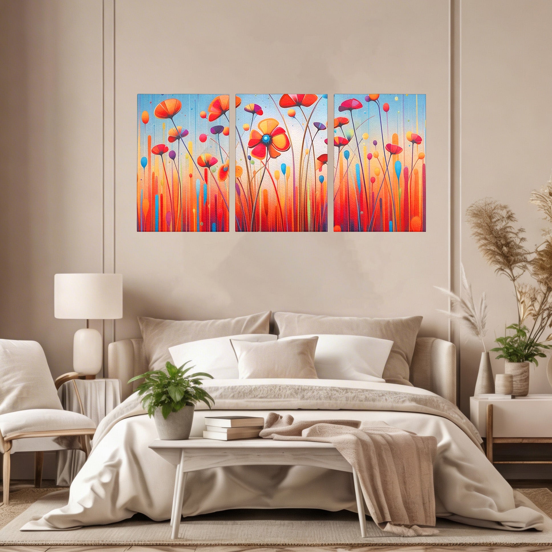 Set 3 Tablouri Canvas Premium LuxCanva® A3-1575, Sunet Floral, Living, Flori, Camp, Margarete, Natura, Room, Culori Vibrante
