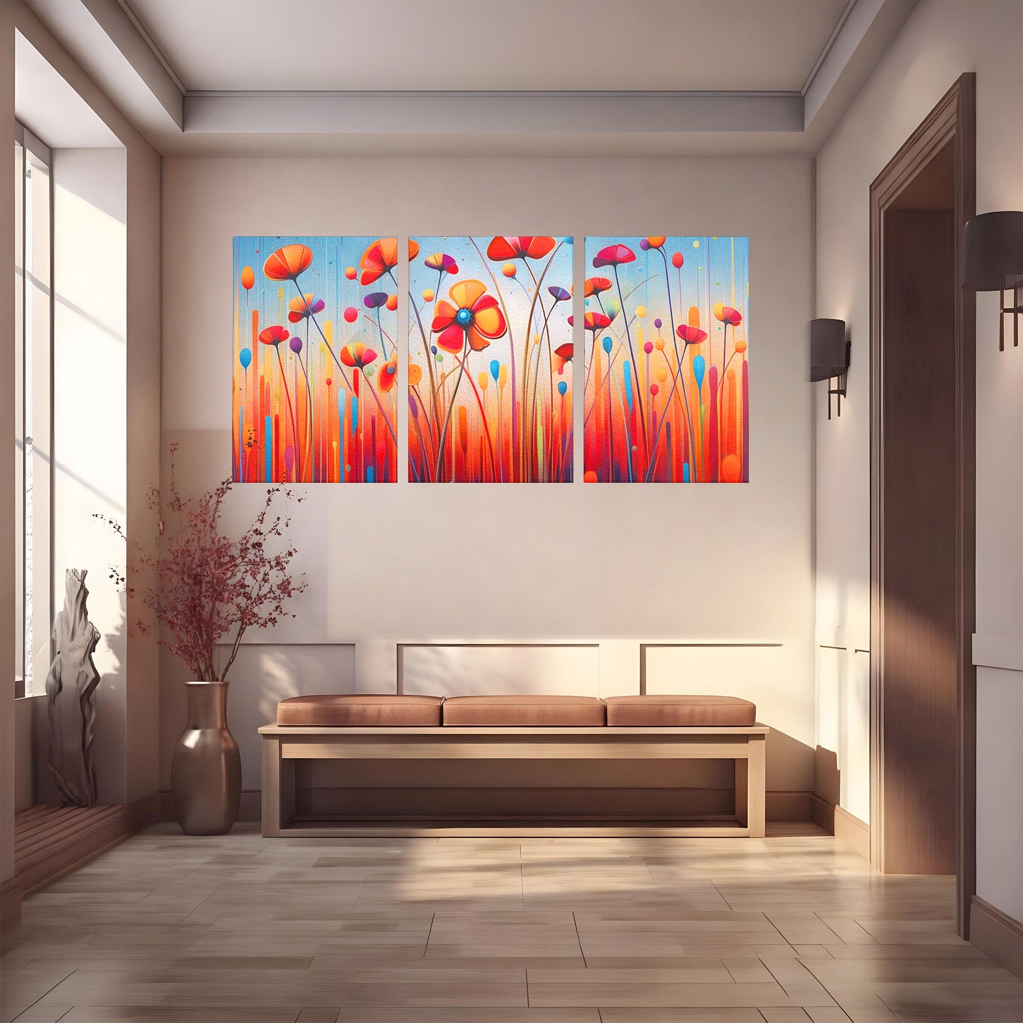 Set 3 Tablouri Canvas Premium LuxCanva® A3-1575, Sunet Floral, Living, Flori, Camp, Margarete, Natura, Room, Culori Vibrante