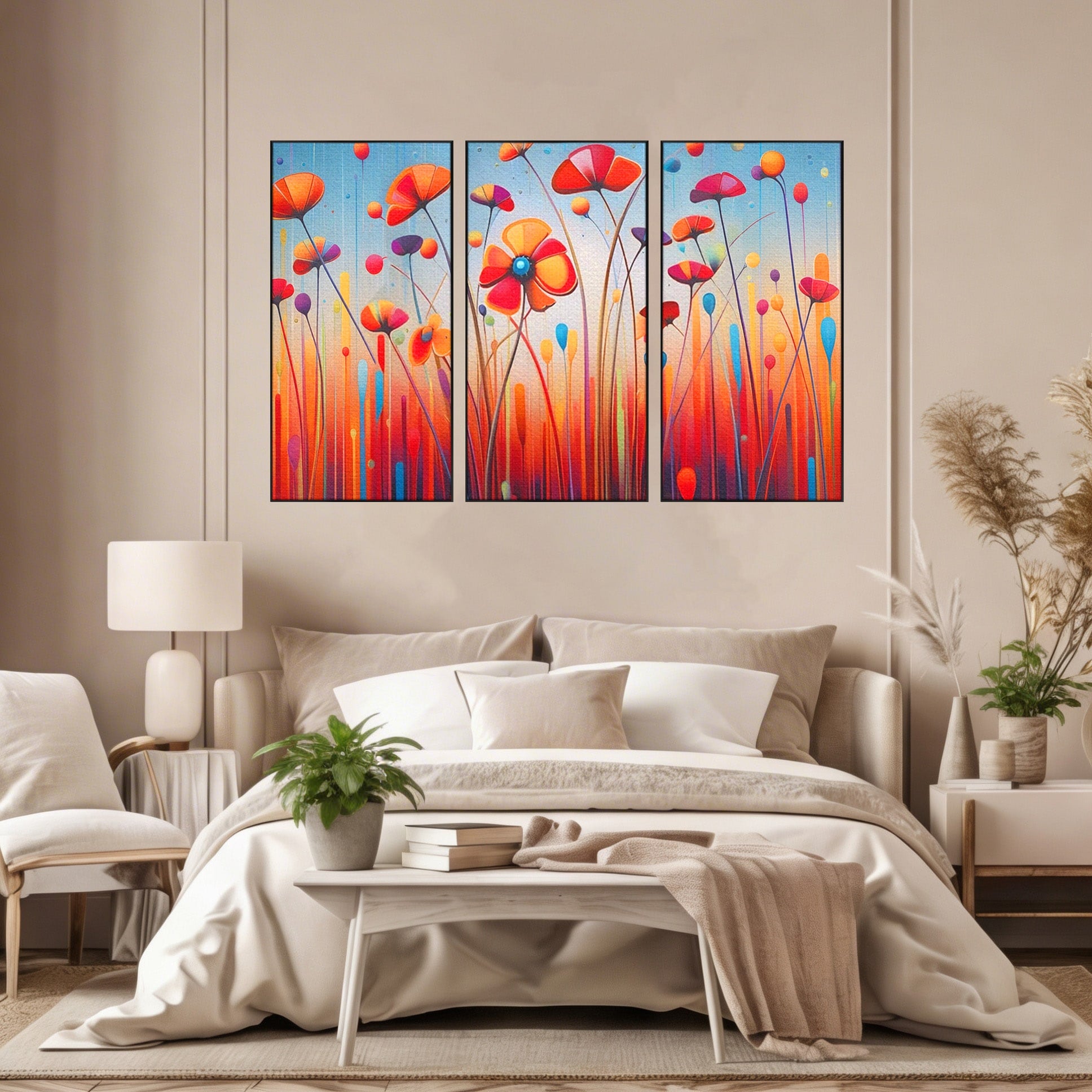 Set 3 Tablouri Canvas Premium LuxCanva® A3-1575, Sunet Floral, Living, Flori, Camp, Margarete, Natura, Room, Culori Vibrante