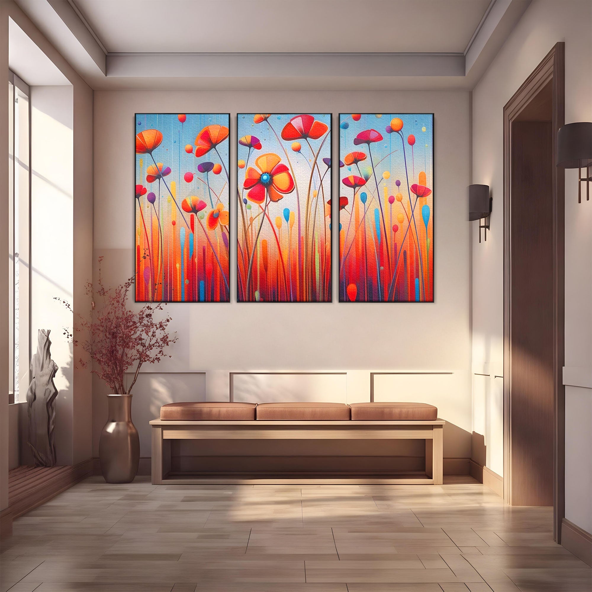 Set 3 Tablouri Canvas Premium LuxCanva® A3-1575, Sunet Floral, Living, Flori, Camp, Margarete, Natura, Room, Culori Vibrante