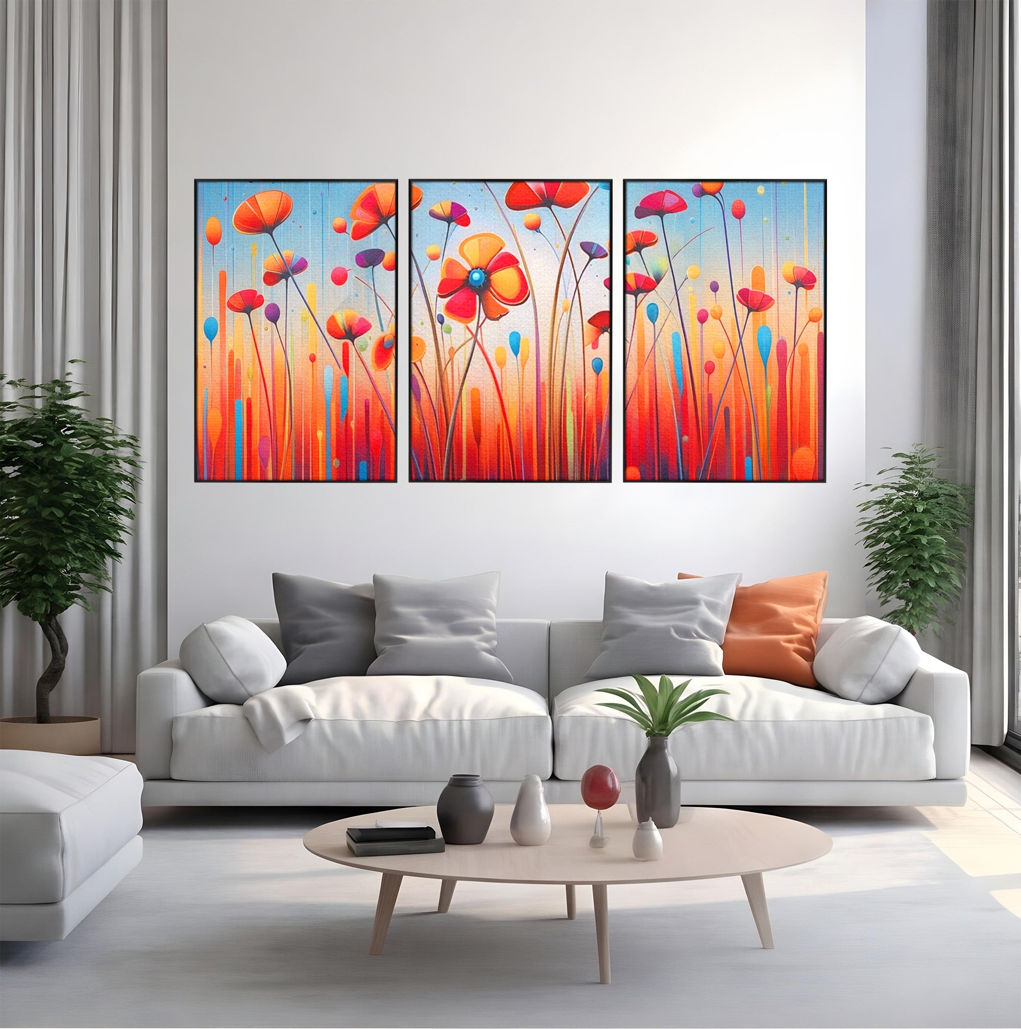 Set 3 Tablouri Canvas Premium LuxCanva® A3-1575, Sunet Floral, Living, Flori, Camp, Margarete, Natura, Room, Culori Vibrante
