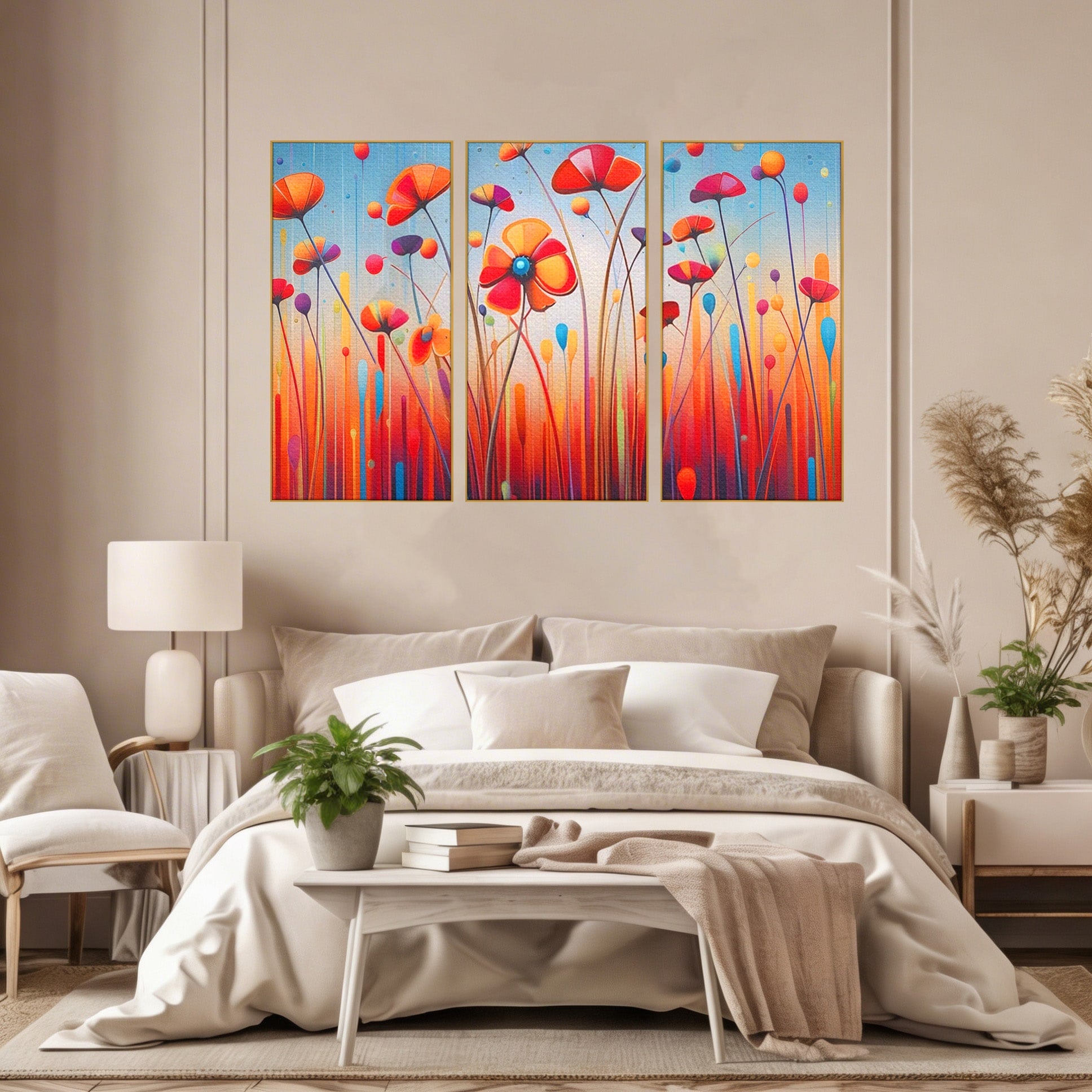 Set 3 Tablouri Canvas Premium LuxCanva® A3-1575, Sunet Floral, Living, Flori, Camp, Margarete, Natura, Room, Culori Vibrante