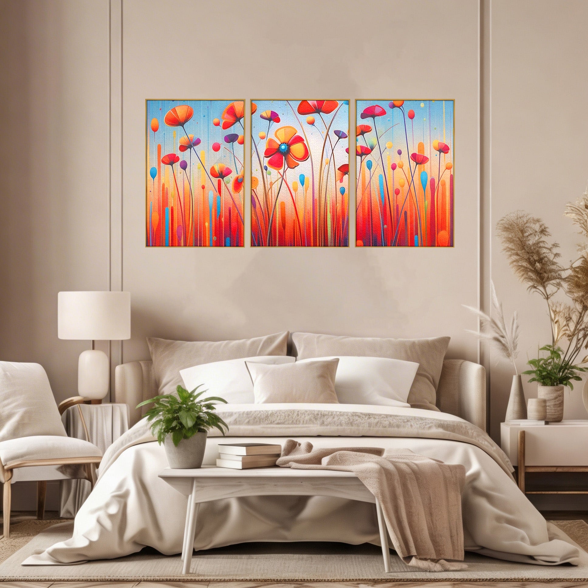 Set 3 Tablouri Canvas Premium LuxCanva® A3-1575, Sunet Floral, Living, Flori, Camp, Margarete, Natura, Room, Culori Vibrante