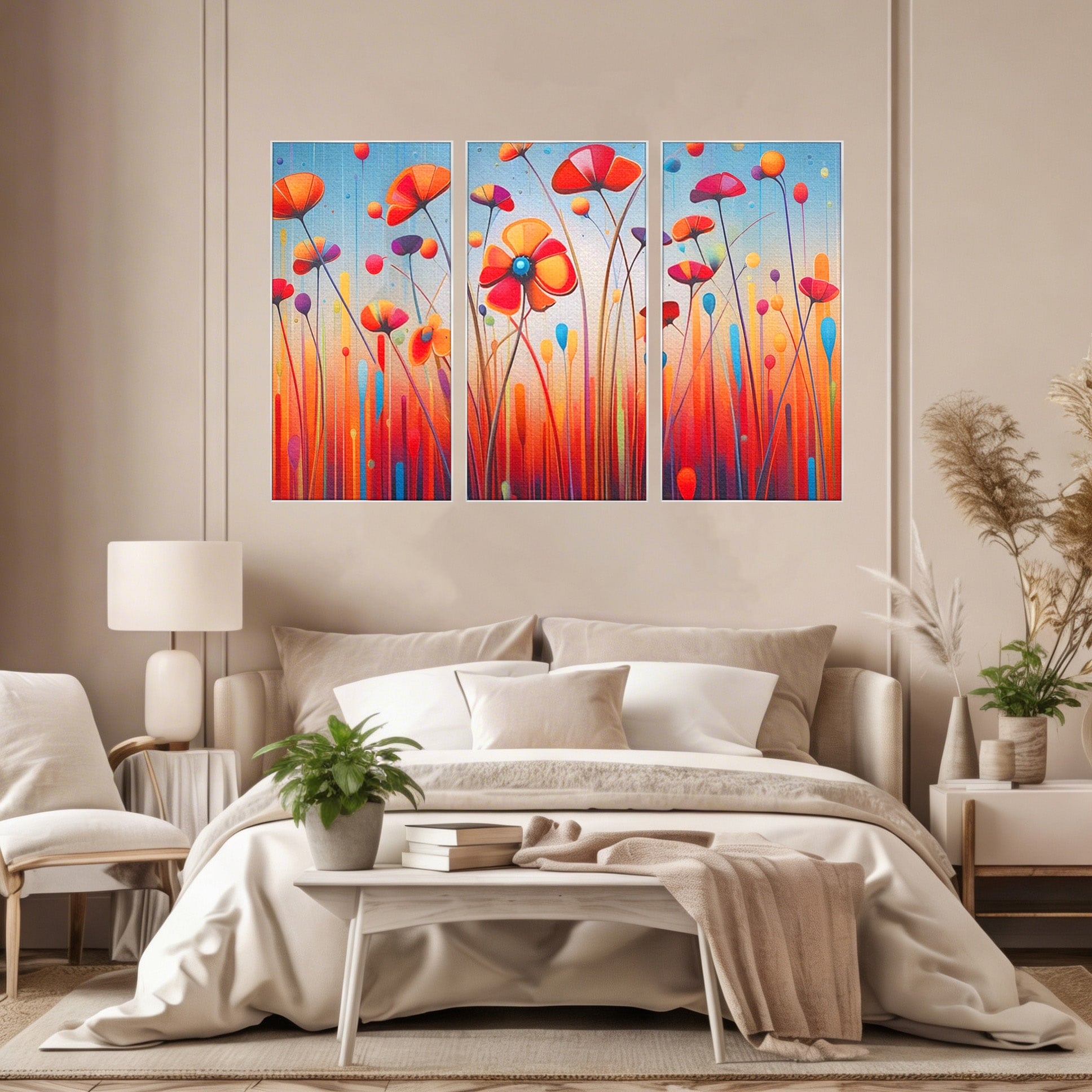 Set 3 Tablouri Canvas Premium LuxCanva® A3-1575, Sunet Floral, Living, Flori, Camp, Margarete, Natura, Room, Culori Vibrante
