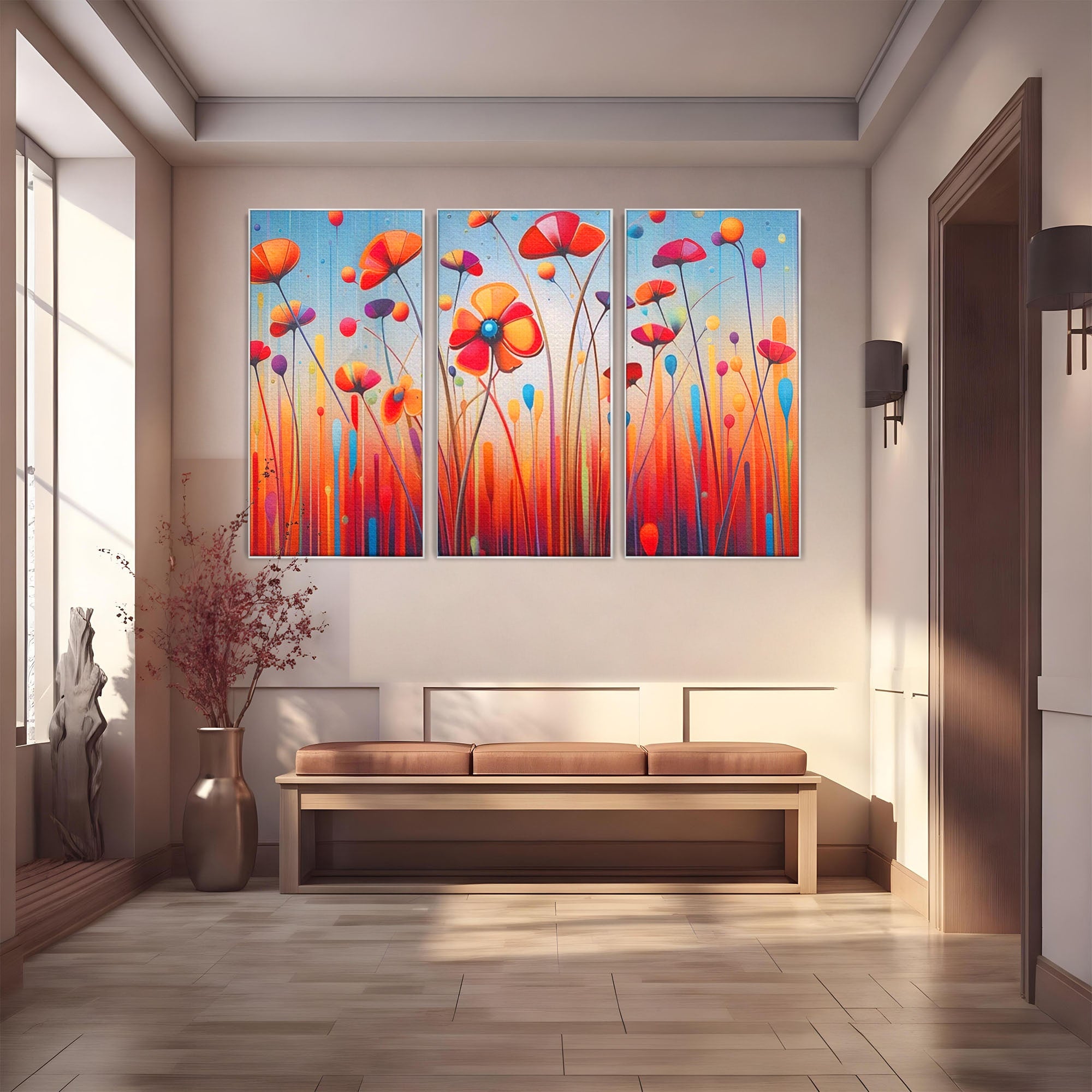 Set 3 Tablouri Canvas Premium LuxCanva® A3-1575, Sunet Floral, Living, Flori, Camp, Margarete, Natura, Room, Culori Vibrante
