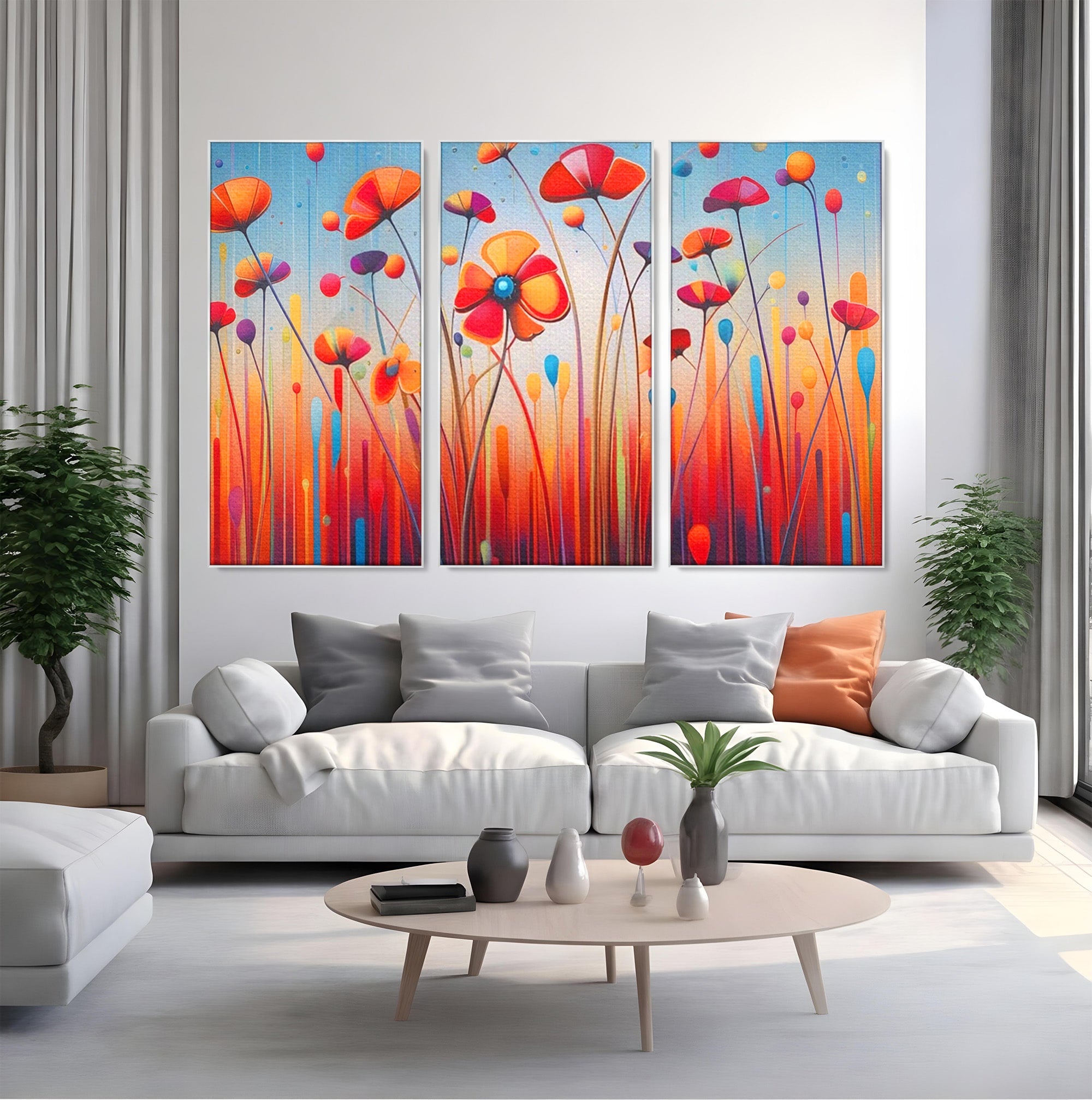 Set 3 Tablouri Canvas Premium LuxCanva® A3-1575, Sunet Floral, Living, Flori, Camp, Margarete, Natura, Room, Culori Vibrante