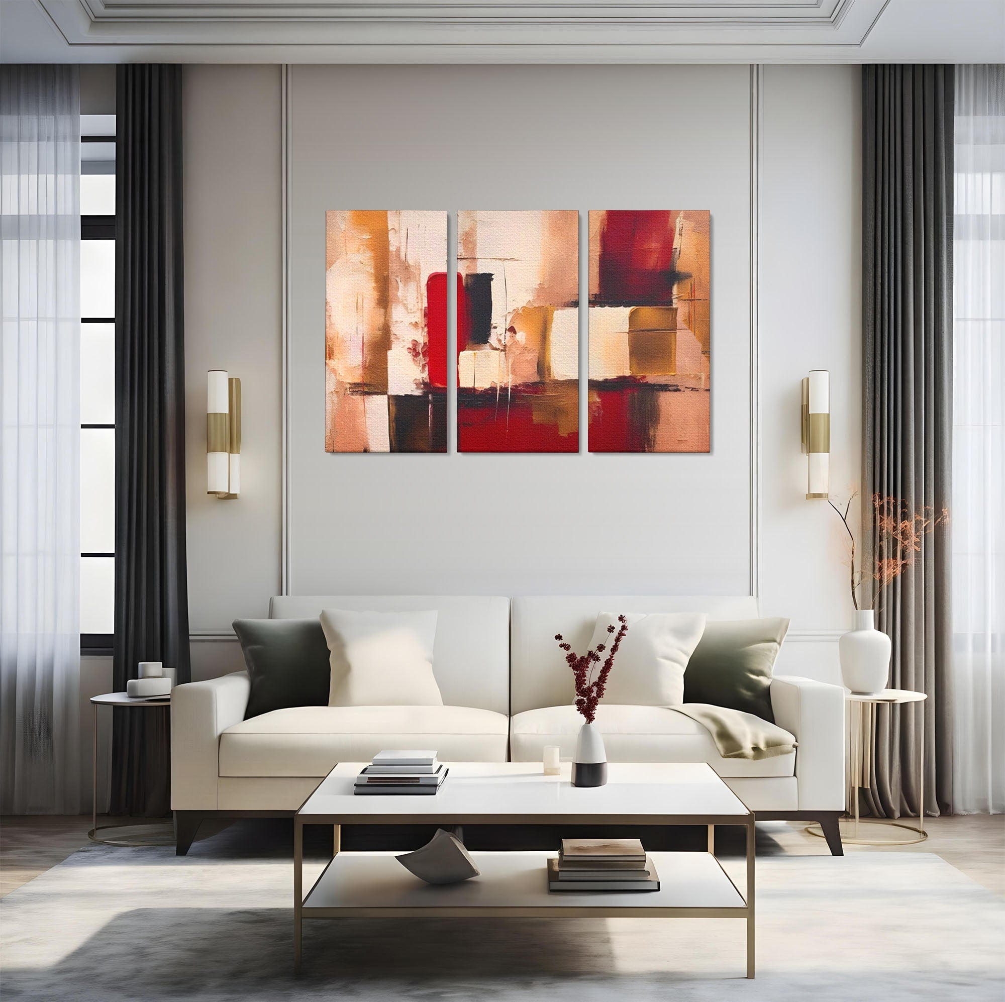 Set 3 Tablouri Canvas Premium LuxCanva® A3-1587, Red Squares, Room, Orizontal, Patrate, Decorativ, Abstract, Living, Culori Vibrante