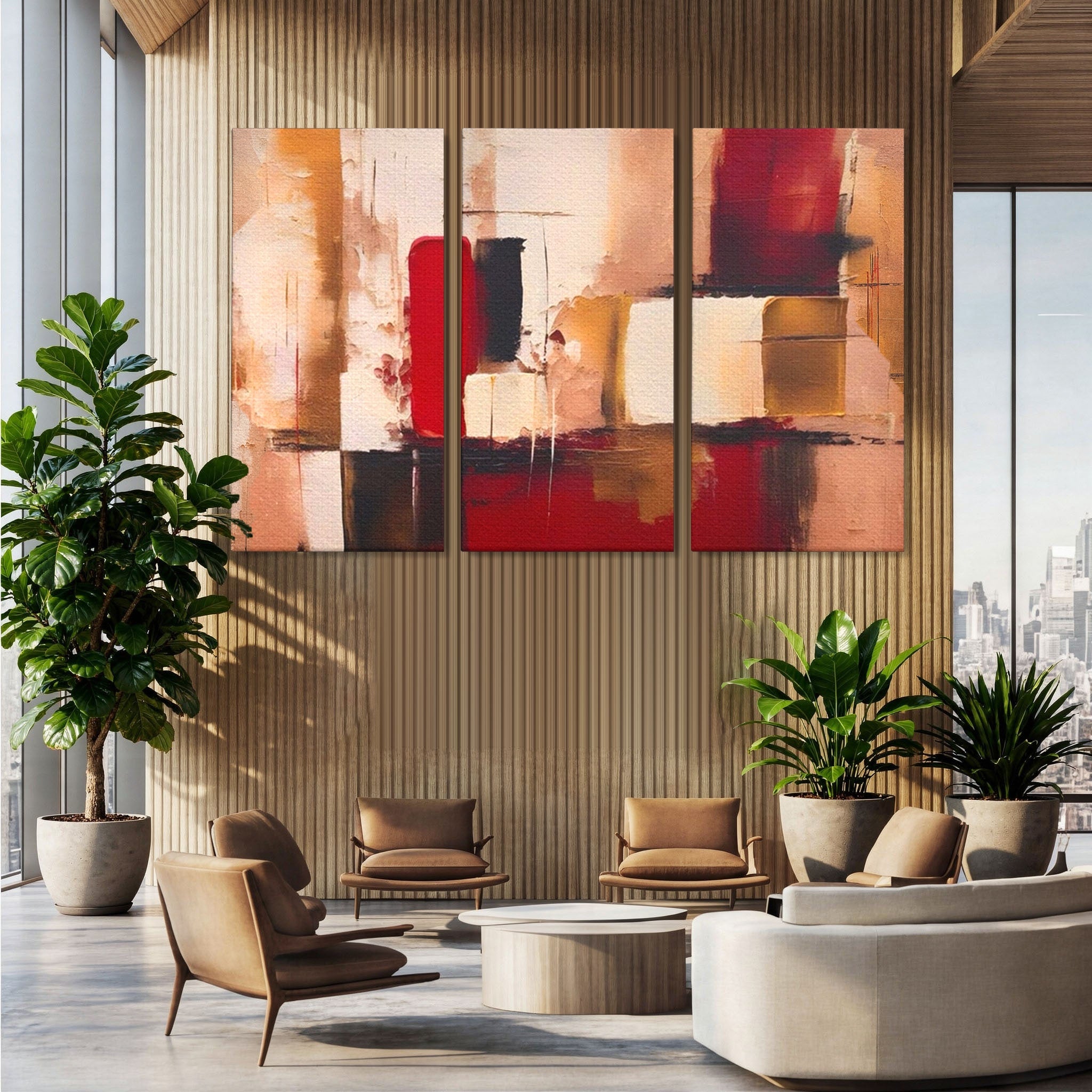 Set 3 Tablouri Canvas Premium LuxCanva® A3-1587, Red Squares, Room, Orizontal, Patrate, Decorativ, Abstract, Living, Culori Vibrante