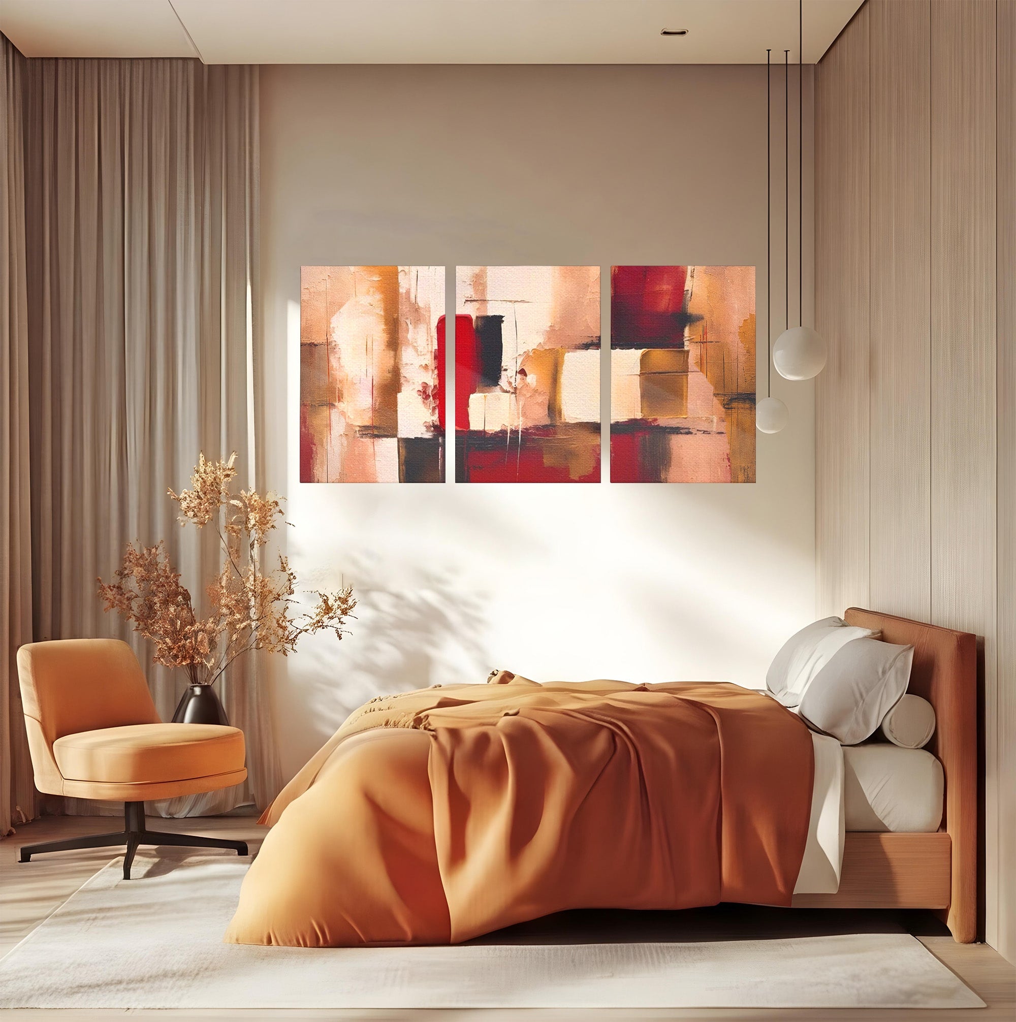 Set 3 Tablouri Canvas Premium LuxCanva® A3-1587, Red Squares, Room, Orizontal, Patrate, Decorativ, Abstract, Living, Culori Vibrante