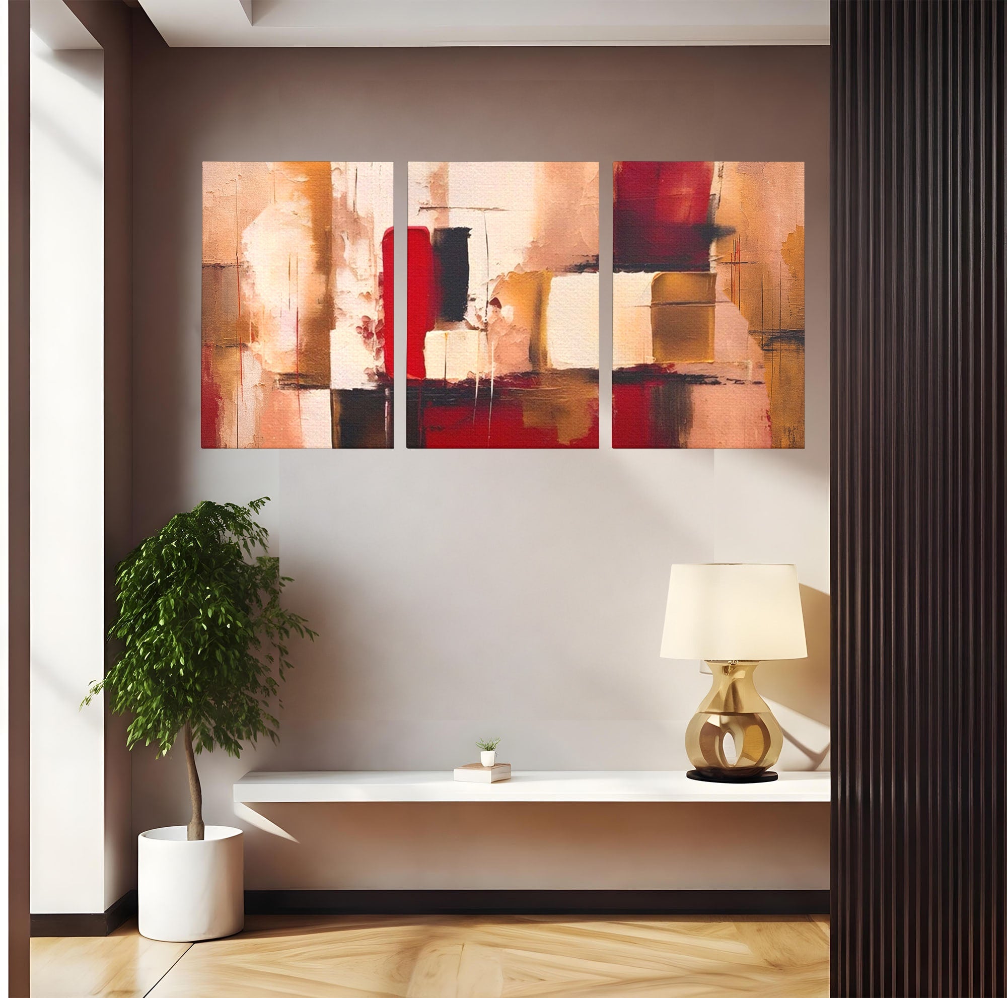 Set 3 Tablouri Canvas Premium LuxCanva® A3-1587, Red Squares, Room, Orizontal, Patrate, Decorativ, Abstract, Living, Culori Vibrante