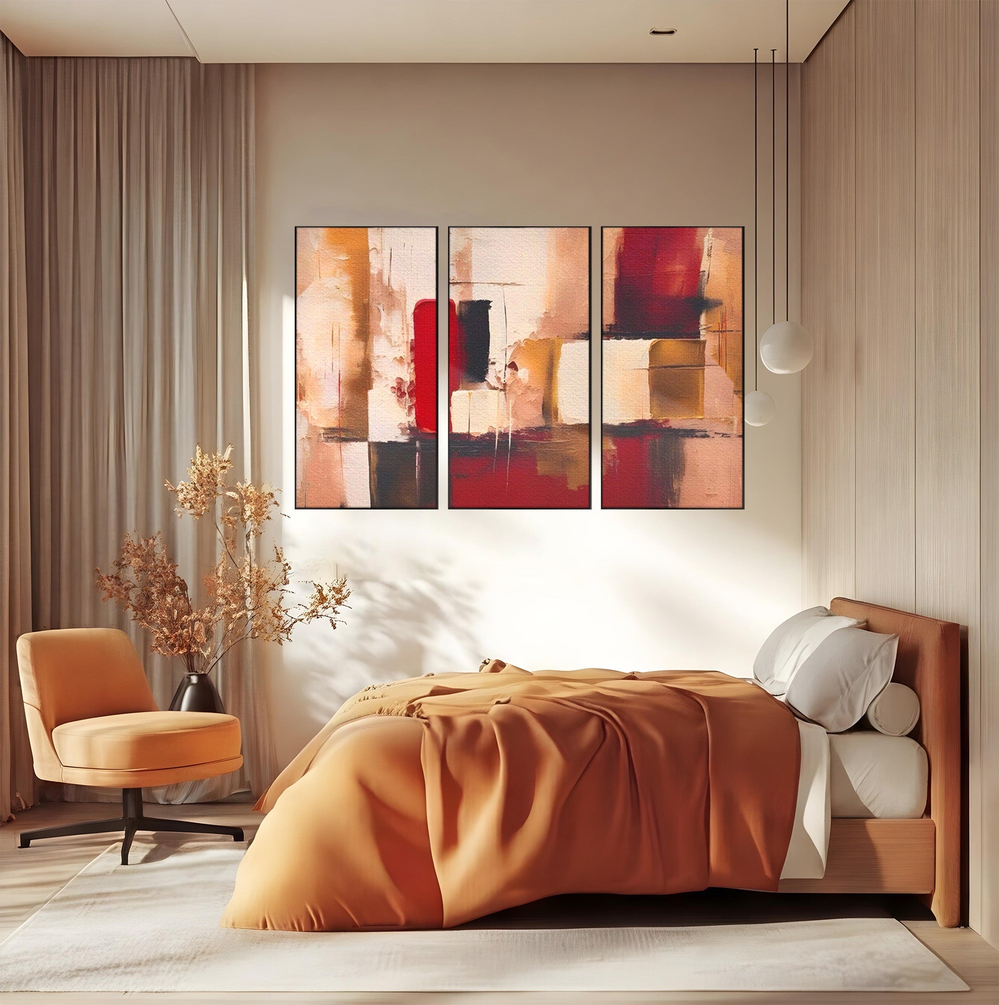 Set 3 Tablouri Canvas Premium LuxCanva® A3-1587, Red Squares, Room, Orizontal, Patrate, Decorativ, Abstract, Living, Culori Vibrante