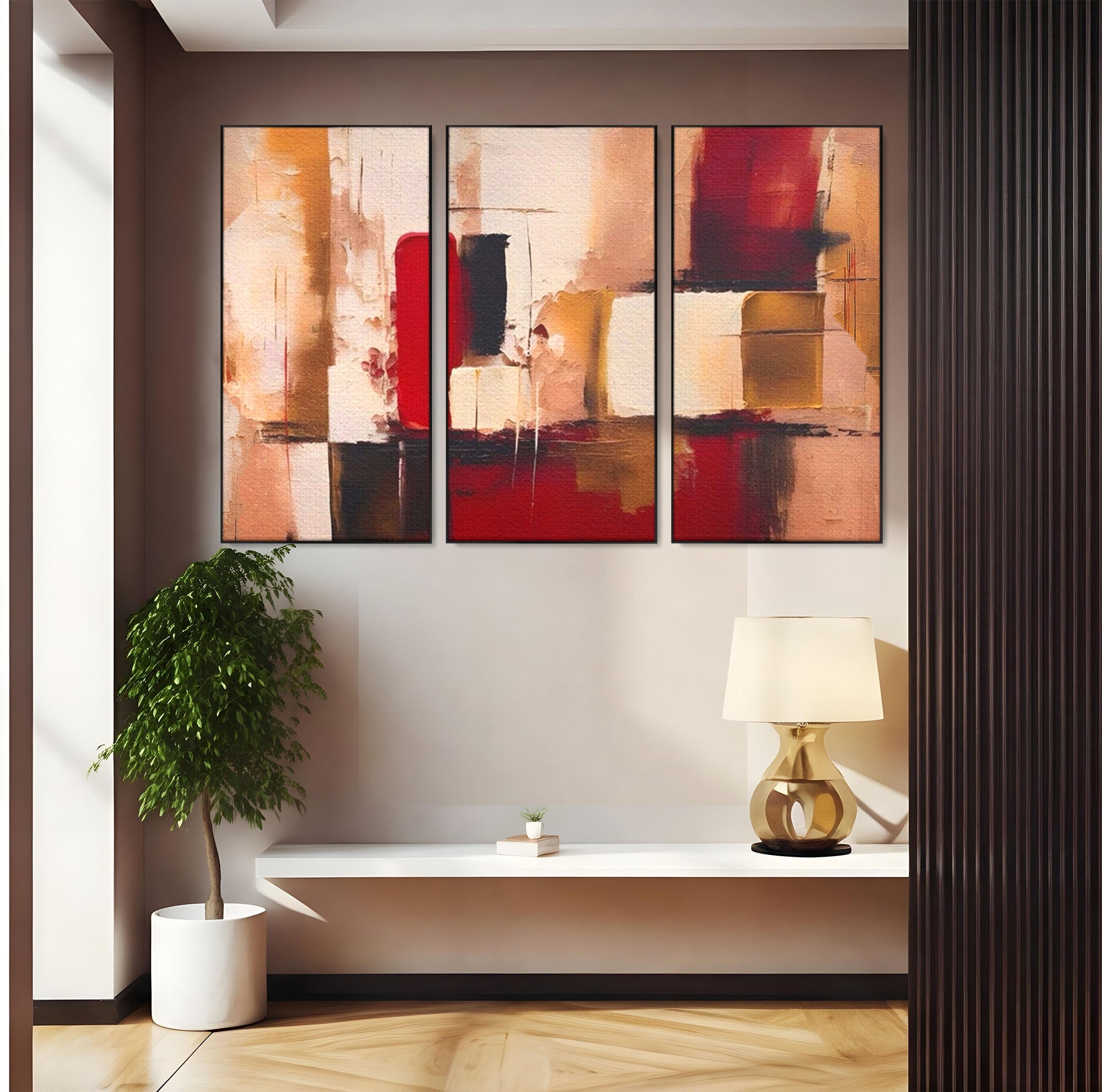 Set 3 Tablouri Canvas Premium LuxCanva® A3-1587, Red Squares, Room, Orizontal, Patrate, Decorativ, Abstract, Living, Culori Vibrante