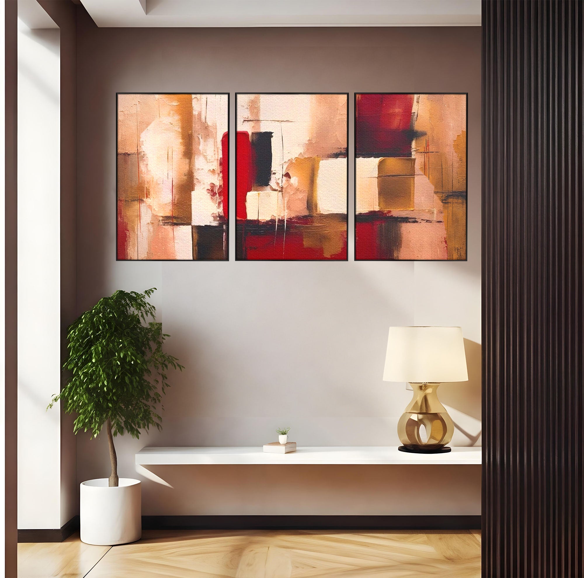 Set 3 Tablouri Canvas Premium LuxCanva® A3-1587, Red Squares, Room, Orizontal, Patrate, Decorativ, Abstract, Living, Culori Vibrante