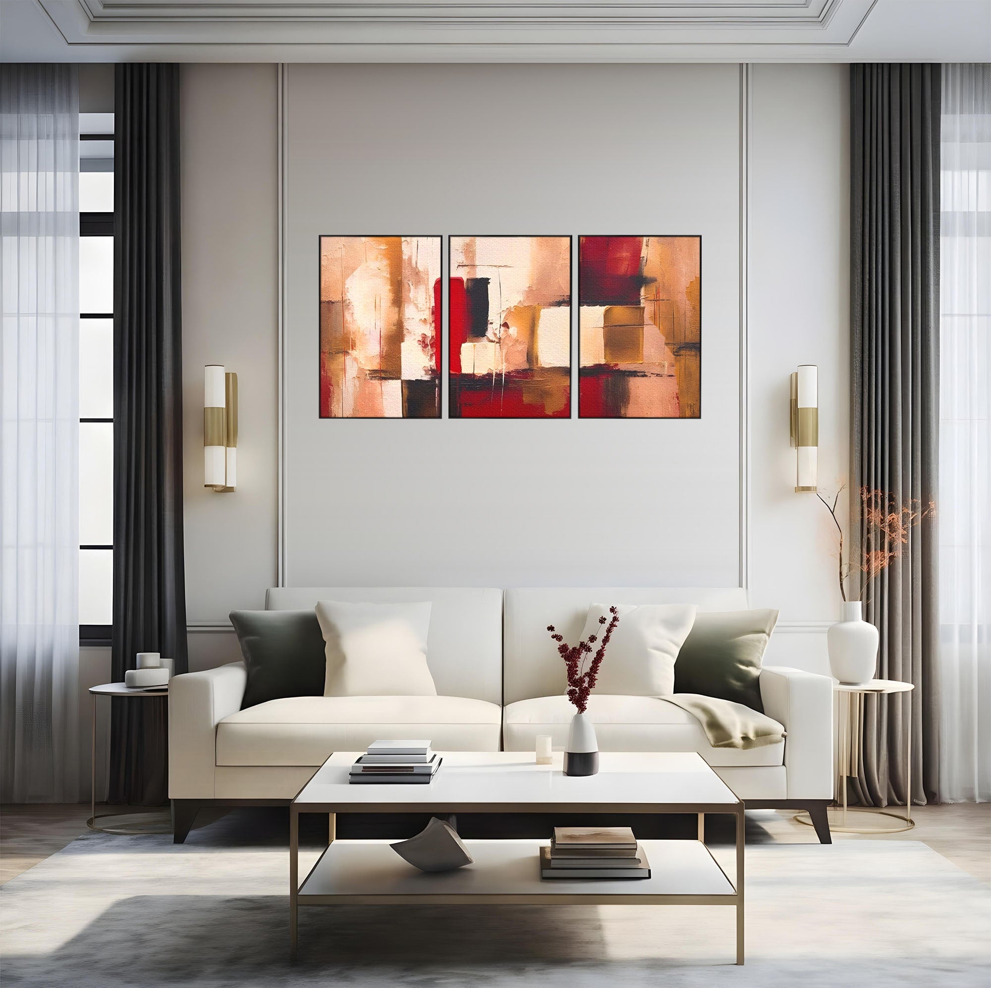 Set 3 Tablouri Canvas Premium LuxCanva® A3-1587, Red Squares, Room, Orizontal, Patrate, Decorativ, Abstract, Living, Culori Vibrante