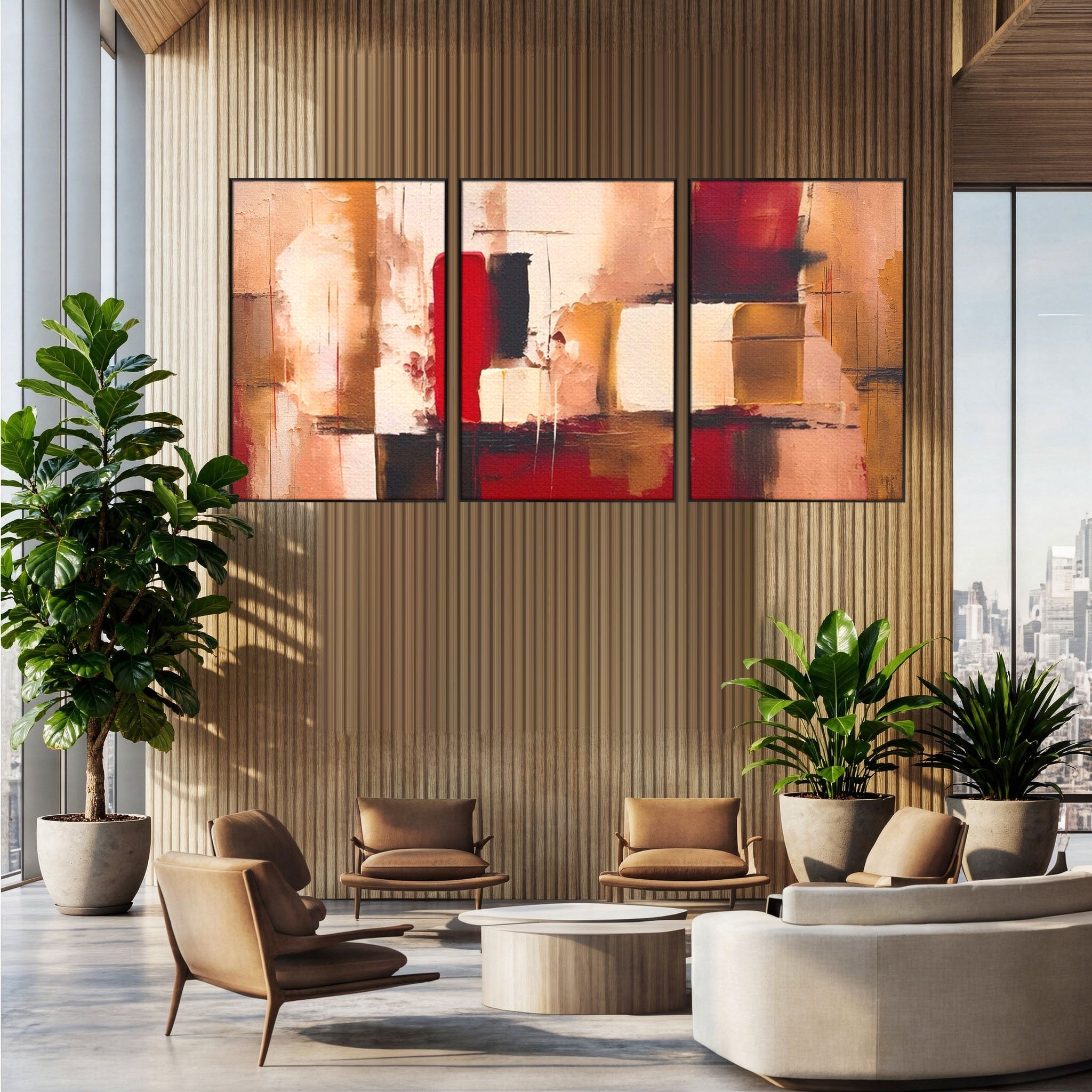 Set 3 Tablouri Canvas Premium LuxCanva® A3-1587, Red Squares, Room, Orizontal, Patrate, Decorativ, Abstract, Living, Culori Vibrante