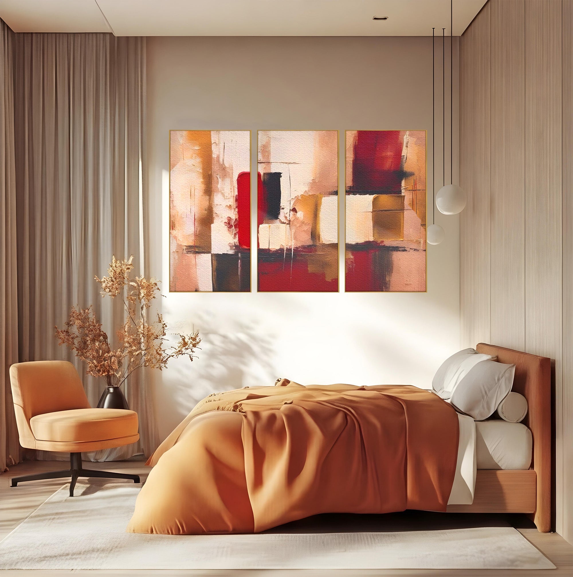 Set 3 Tablouri Canvas Premium LuxCanva® A3-1587, Red Squares, Room, Orizontal, Patrate, Decorativ, Abstract, Living, Culori Vibrante