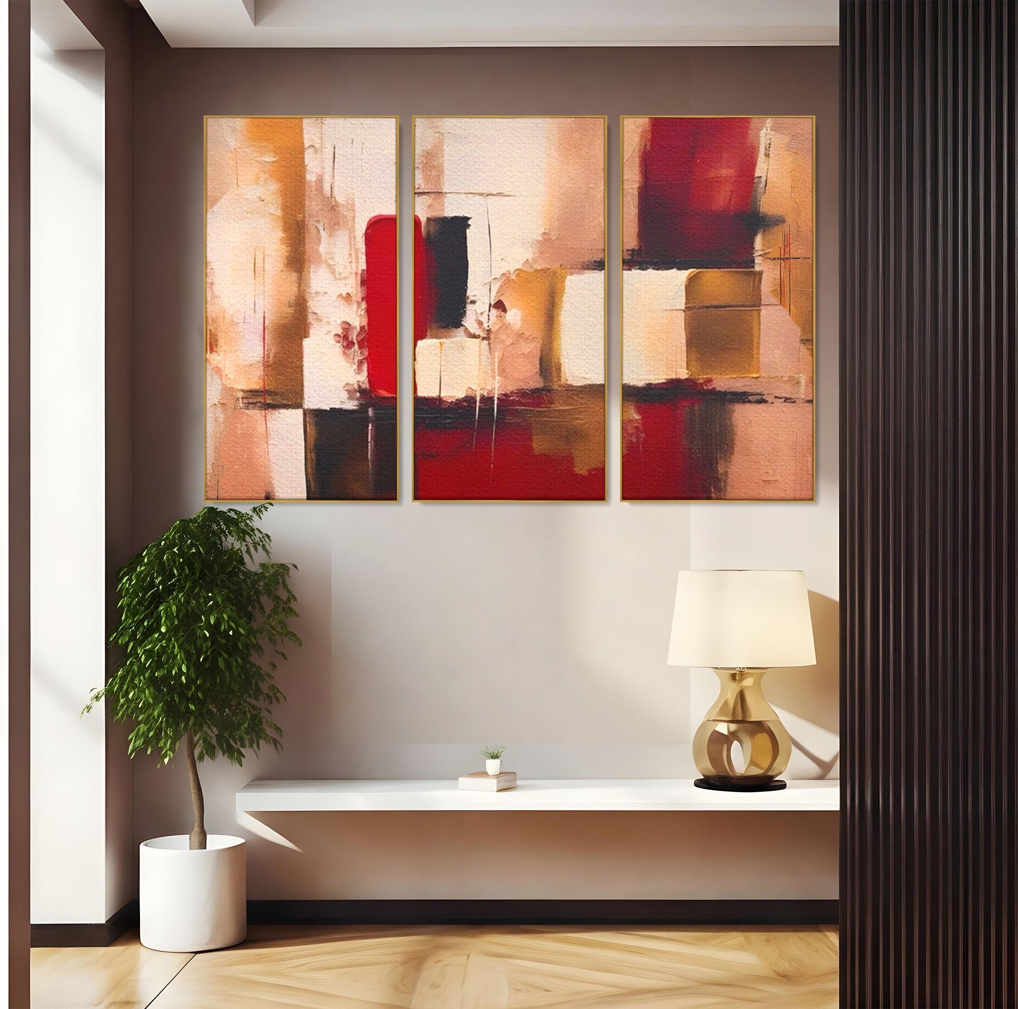 Set 3 Tablouri Canvas Premium LuxCanva® A3-1587, Red Squares, Room, Orizontal, Patrate, Decorativ, Abstract, Living, Culori Vibrante