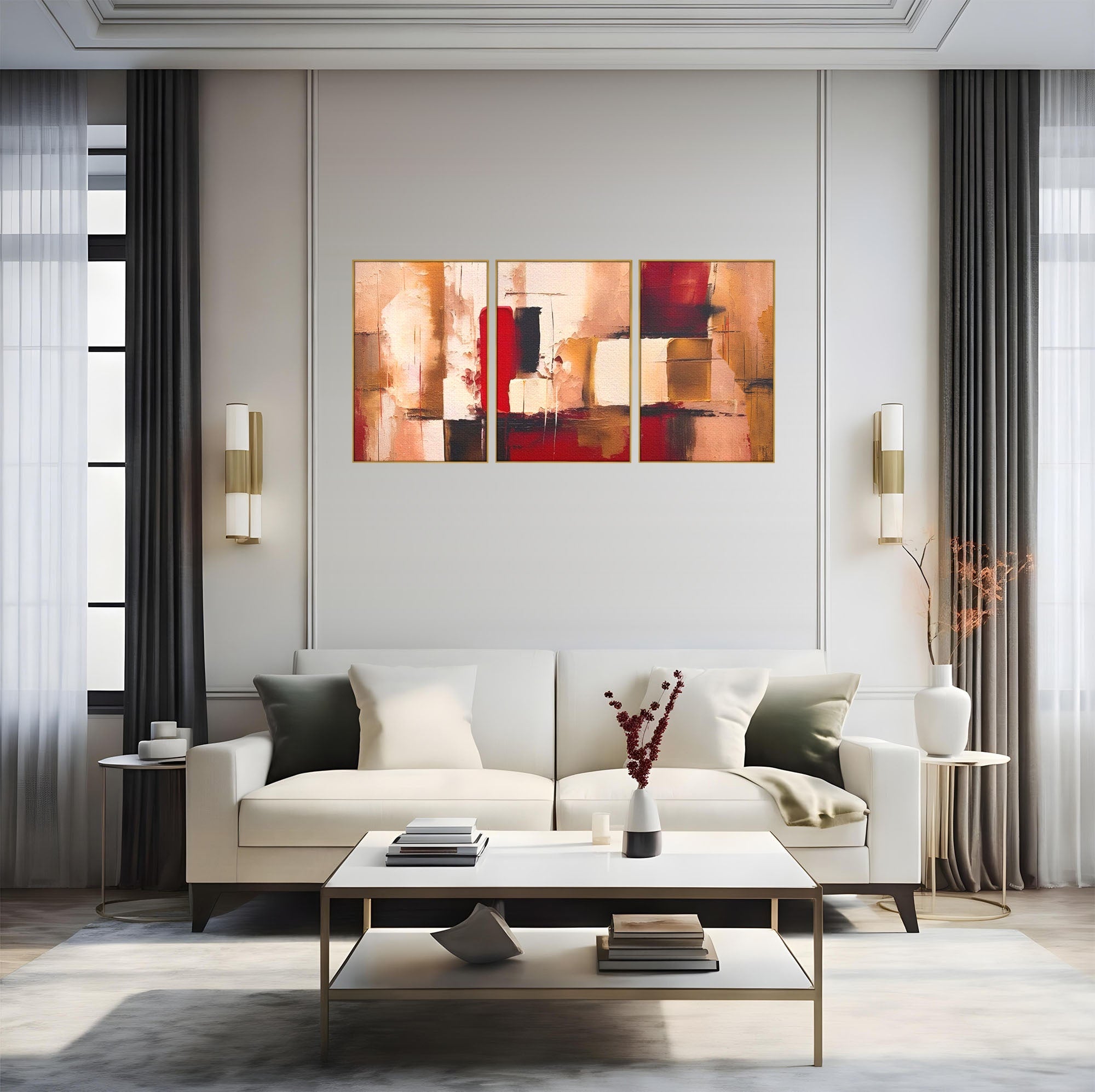 Set 3 Tablouri Canvas Premium LuxCanva® A3-1587, Red Squares, Room, Orizontal, Patrate, Decorativ, Abstract, Living, Culori Vibrante