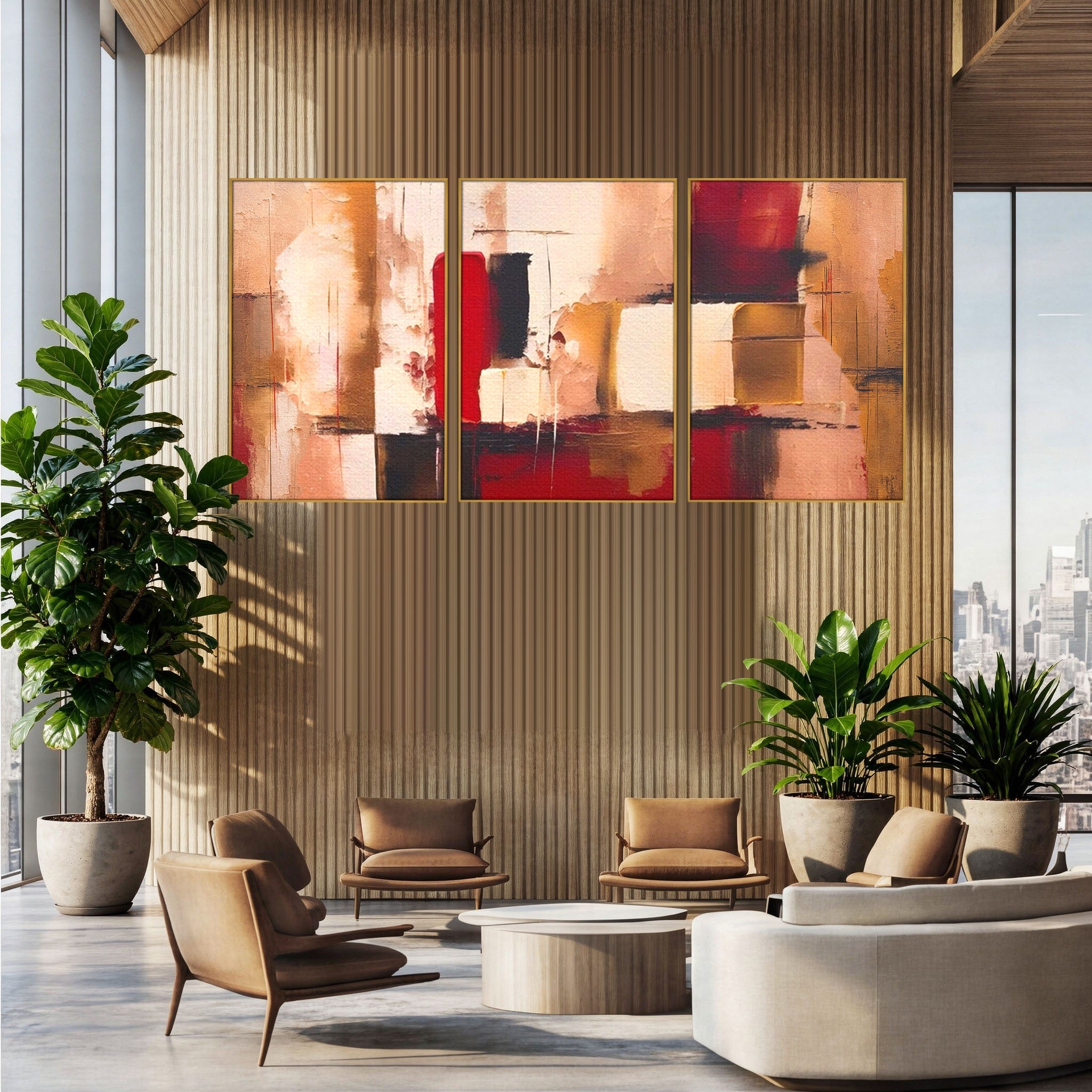 Set 3 Tablouri Canvas Premium LuxCanva® A3-1587, Red Squares, Room, Orizontal, Patrate, Decorativ, Abstract, Living, Culori Vibrante