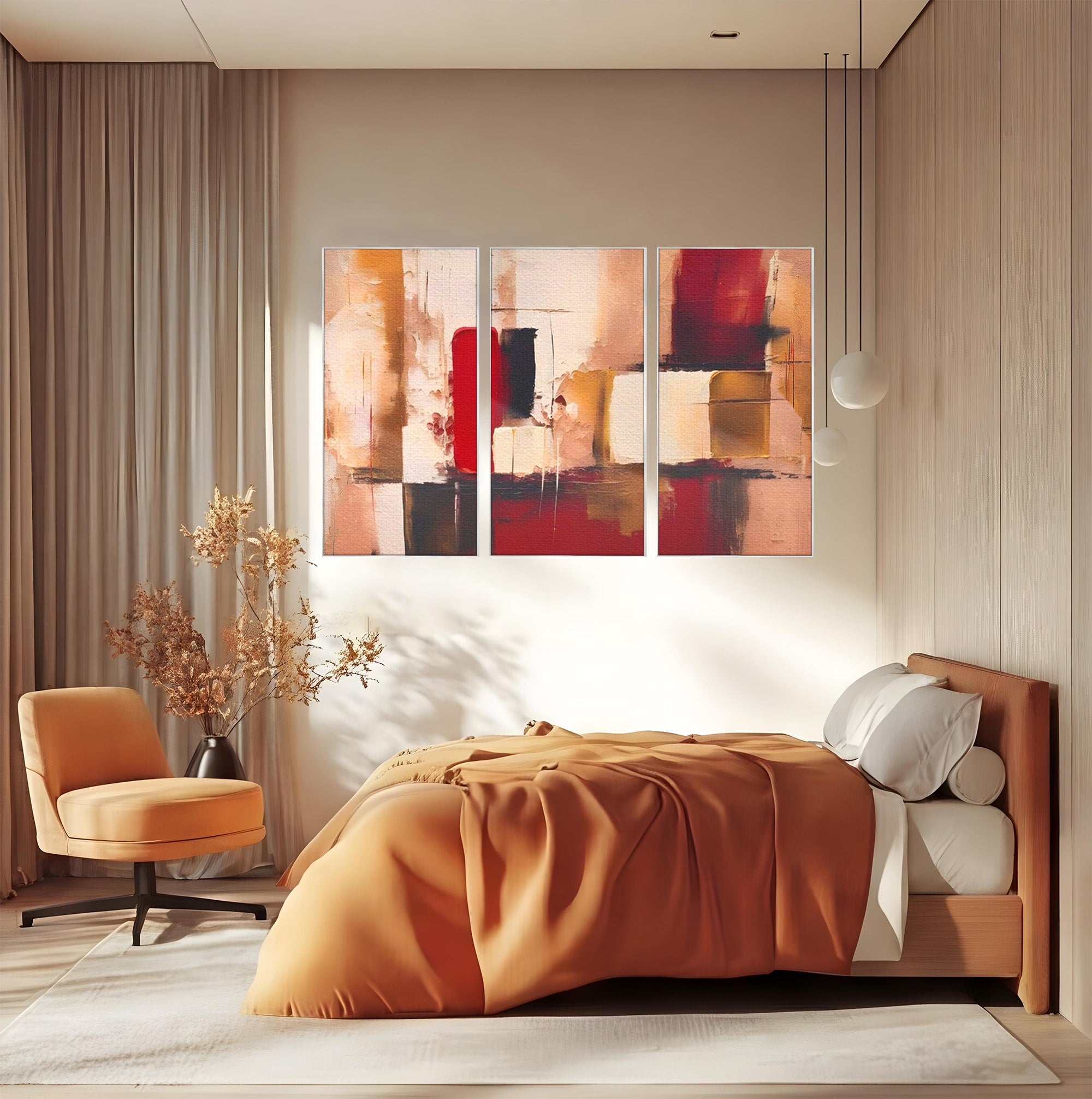 Set 3 Tablouri Canvas Premium LuxCanva® A3-1587, Red Squares, Room, Orizontal, Patrate, Decorativ, Abstract, Living, Culori Vibrante