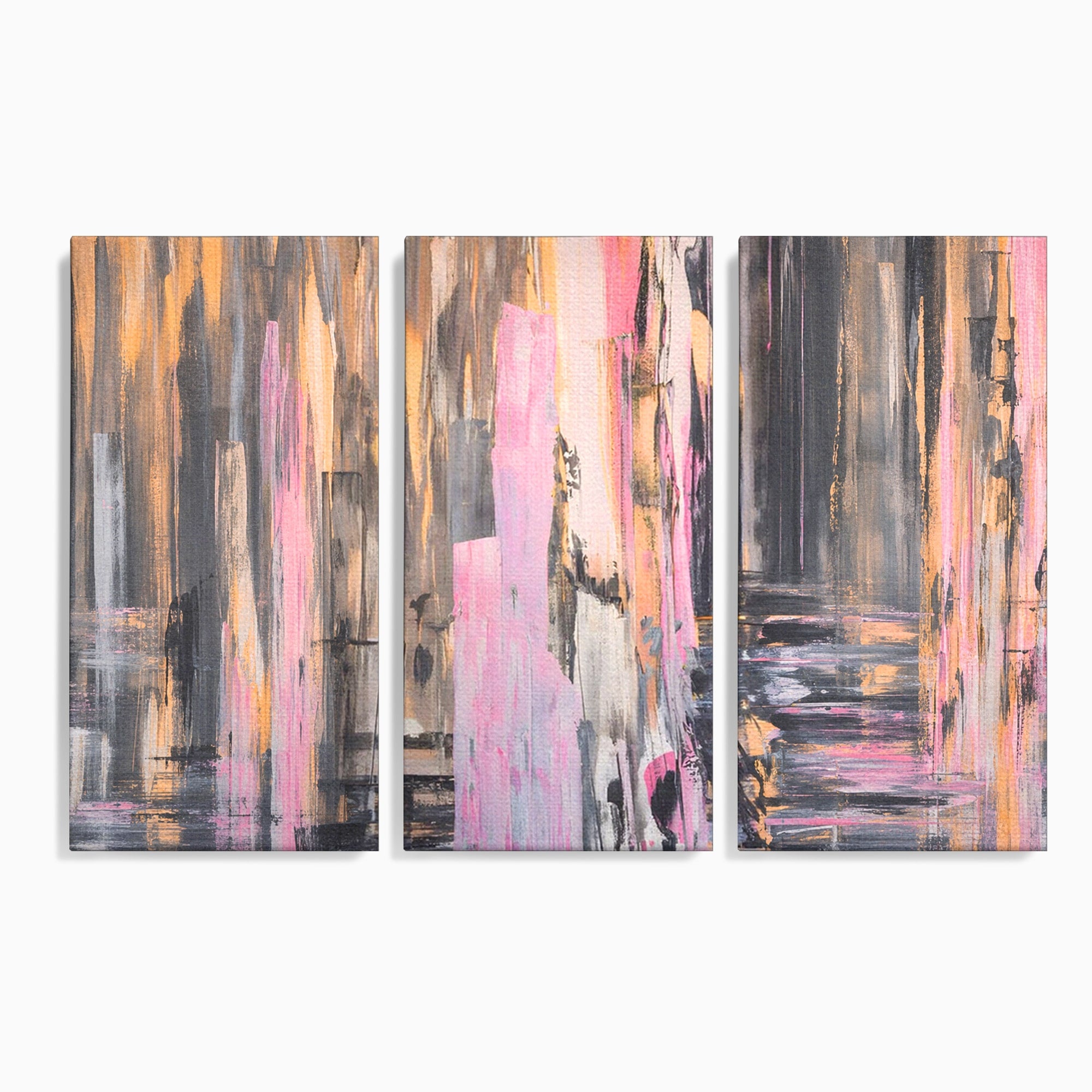 Set 3 Tablouri Canvas Premium LuxCanva® A3-1596, Roz Liniar, Dormitor, Simfonie, Contrast, Living, Decorativ, Culori Vibrante