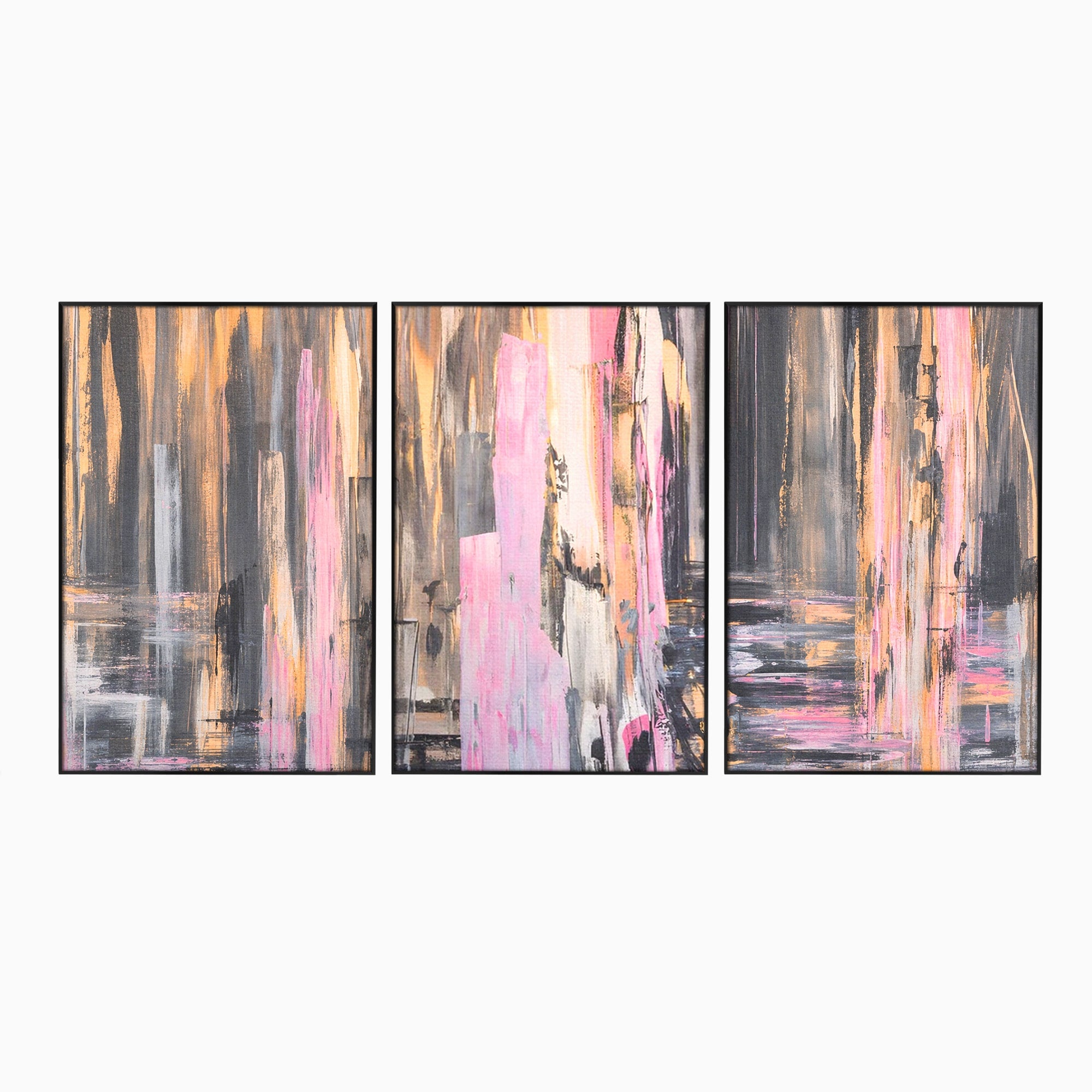 Set 3 Tablouri Canvas Premium LuxCanva® A3-1596, Roz Liniar, Dormitor, Simfonie, Contrast, Living, Decorativ, Culori Vibrante