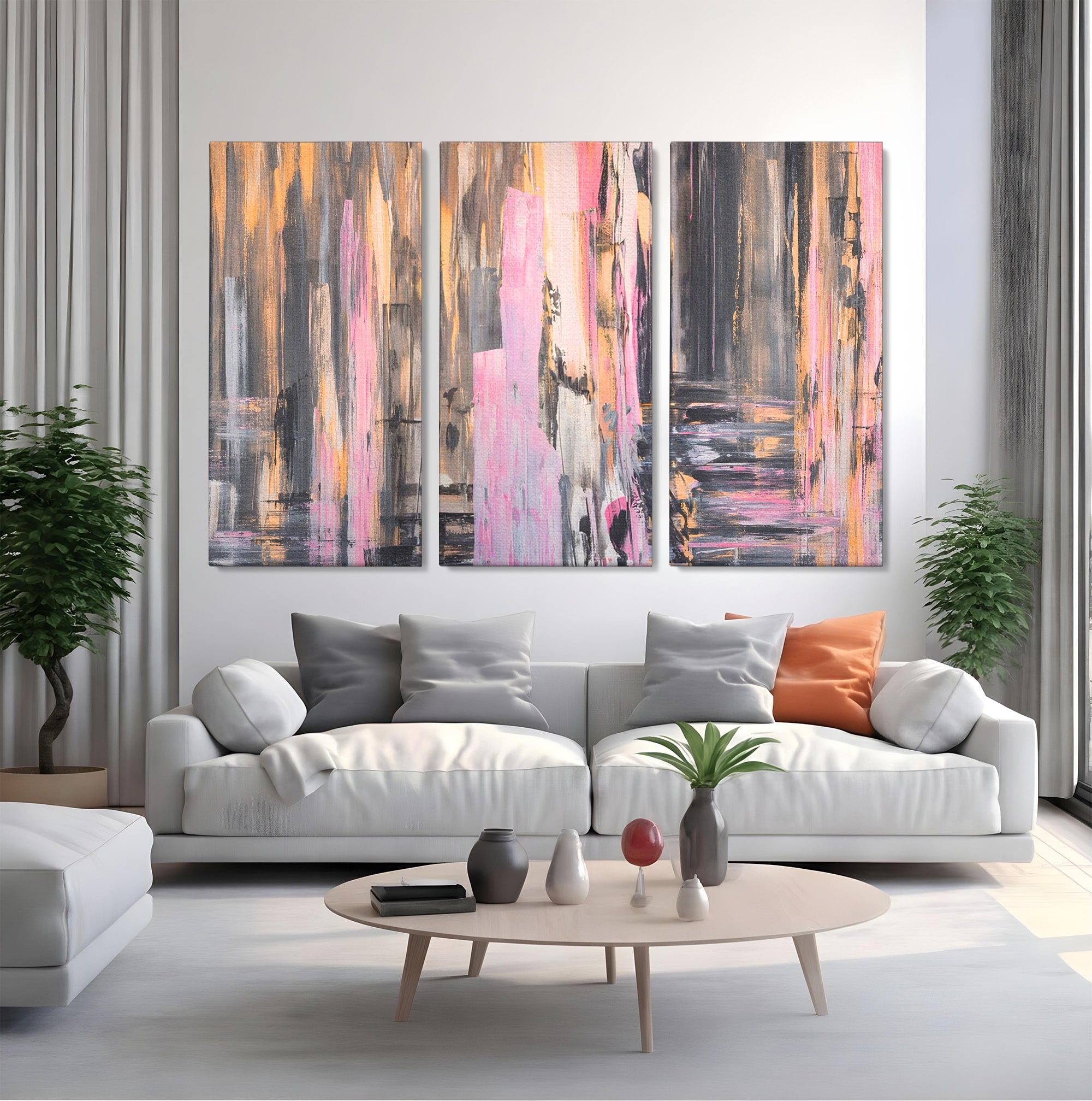 Set 3 Tablouri Canvas Premium LuxCanva® A3-1596, Roz Liniar, Dormitor, Simfonie, Contrast, Living, Decorativ, Culori Vibrante