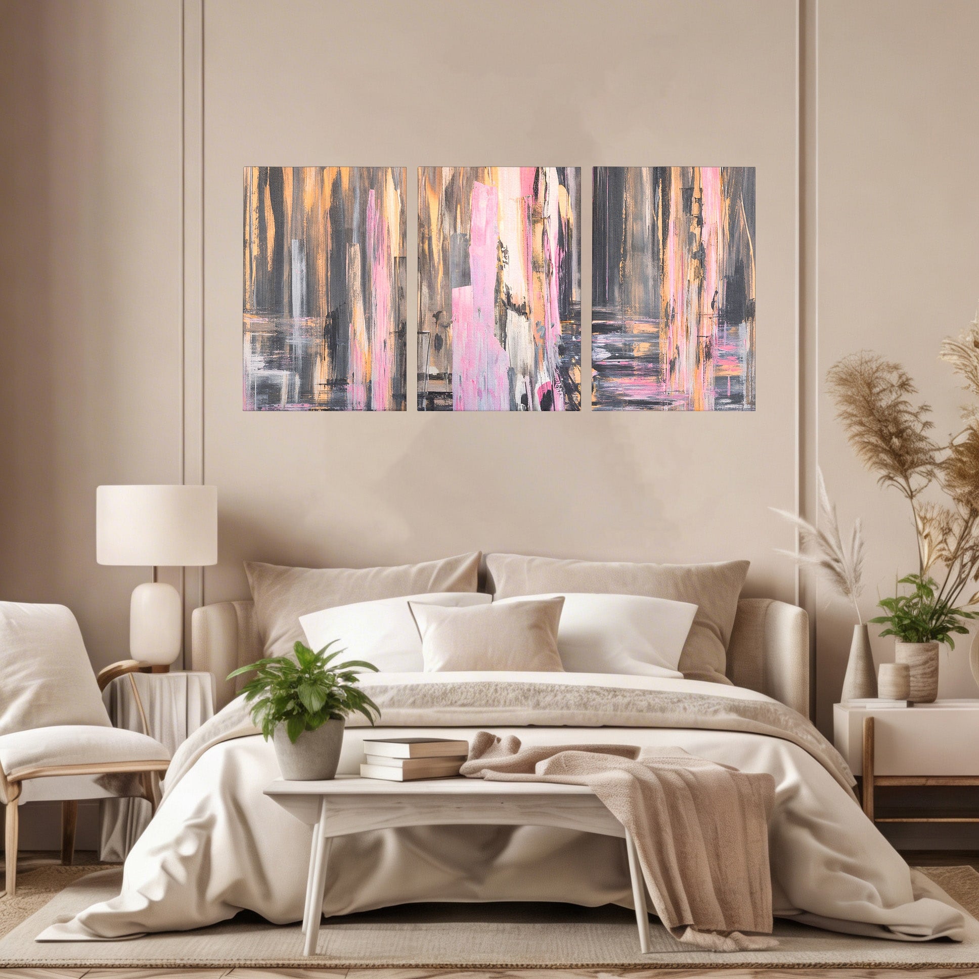 Set 3 Tablouri Canvas Premium LuxCanva® A3-1596, Roz Liniar, Dormitor, Simfonie, Contrast, Living, Decorativ, Culori Vibrante