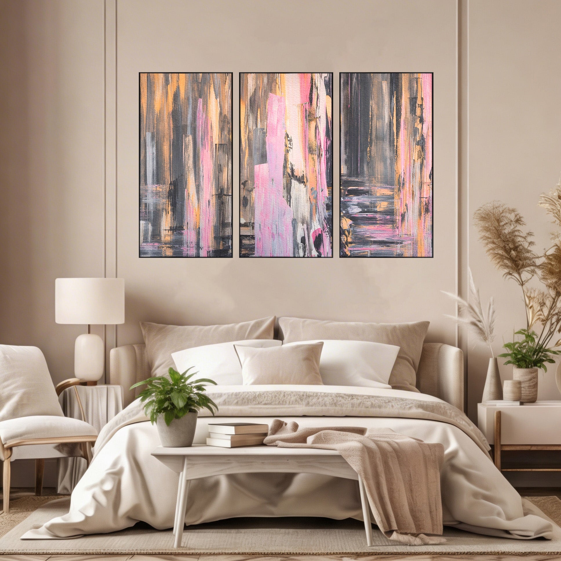 Set 3 Tablouri Canvas Premium LuxCanva® A3-1596, Roz Liniar, Dormitor, Simfonie, Contrast, Living, Decorativ, Culori Vibrante