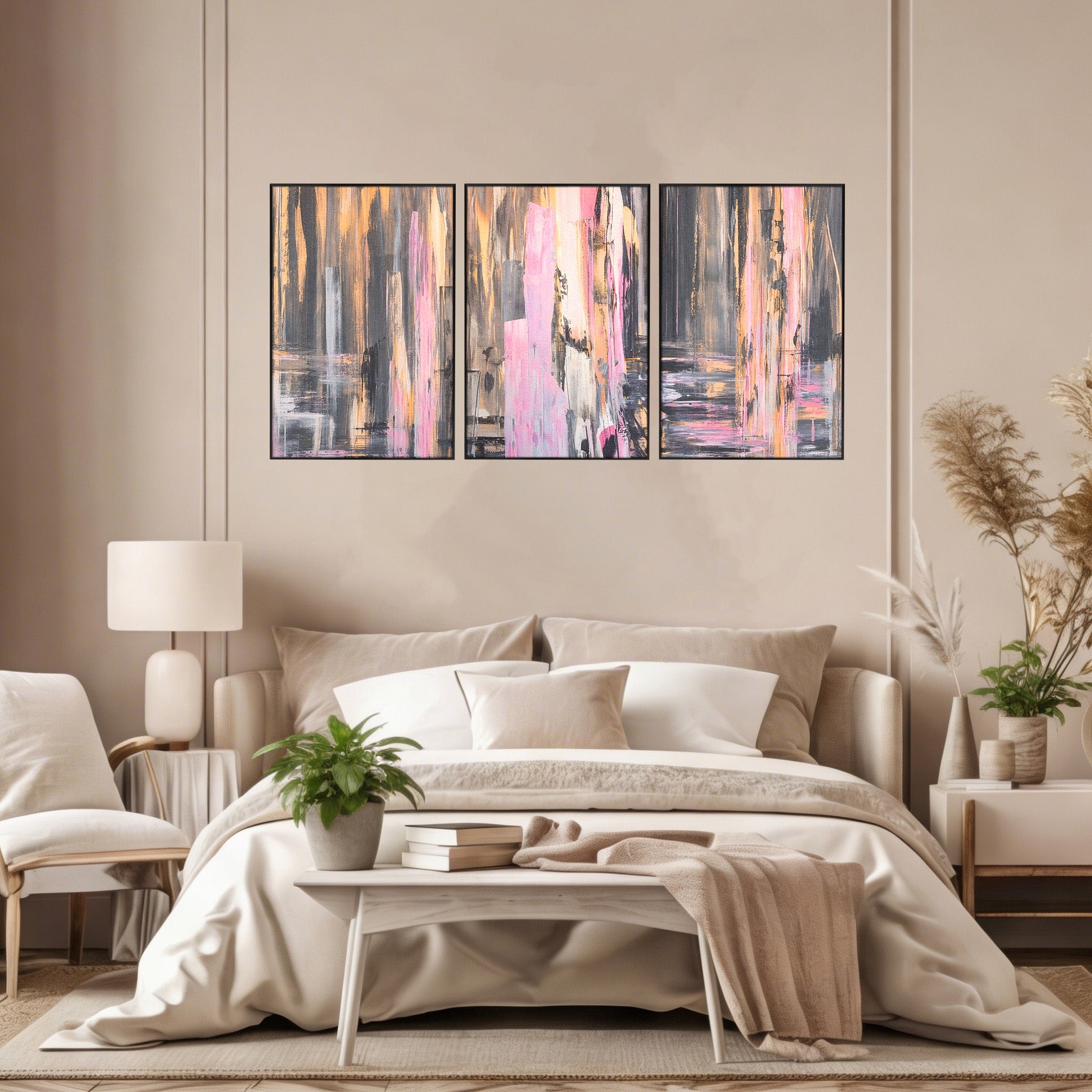 Set 3 Tablouri Canvas Premium LuxCanva® A3-1596, Roz Liniar, Dormitor, Simfonie, Contrast, Living, Decorativ, Culori Vibrante