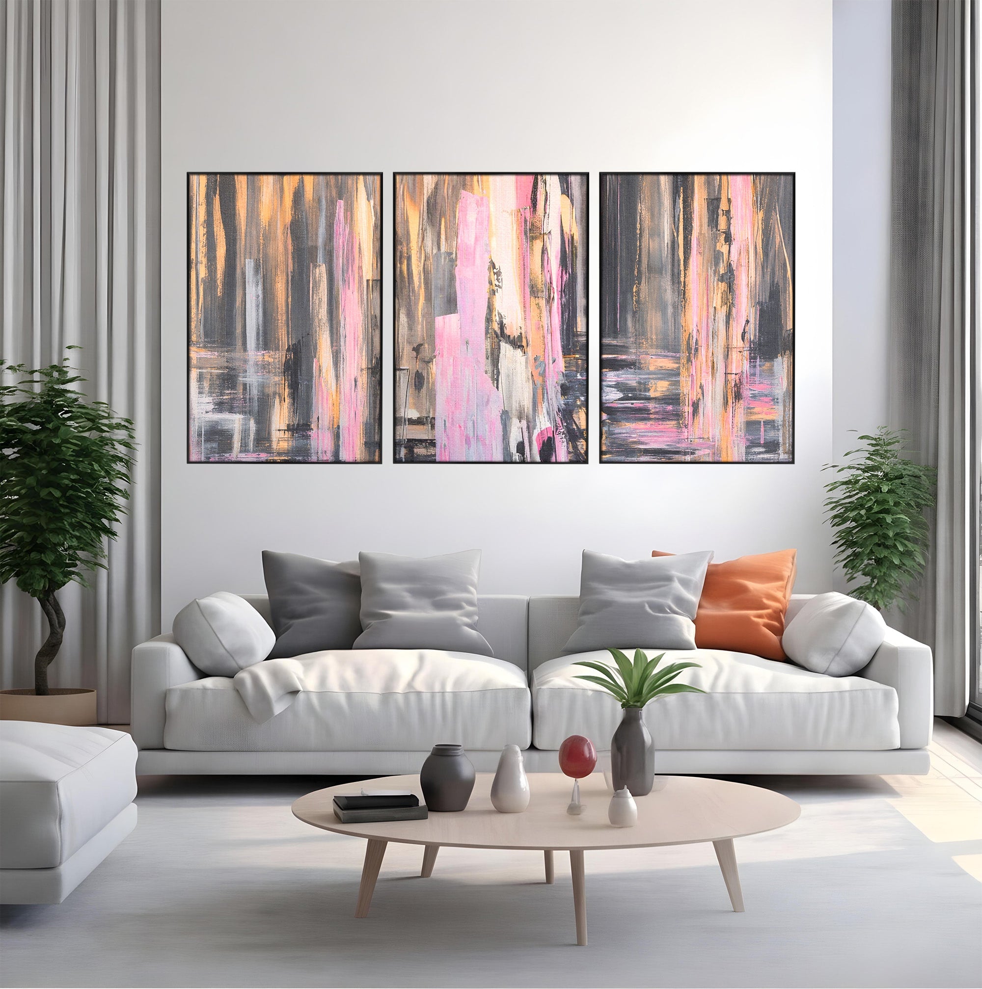 Set 3 Tablouri Canvas Premium LuxCanva® A3-1596, Roz Liniar, Dormitor, Simfonie, Contrast, Living, Decorativ, Culori Vibrante
