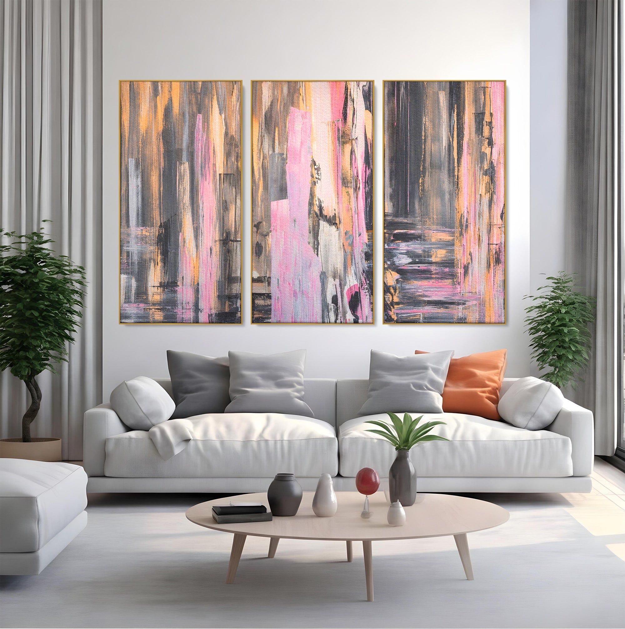Set 3 Tablouri Canvas Premium LuxCanva® A3-1596, Roz Liniar, Dormitor, Simfonie, Contrast, Living, Decorativ, Culori Vibrante
