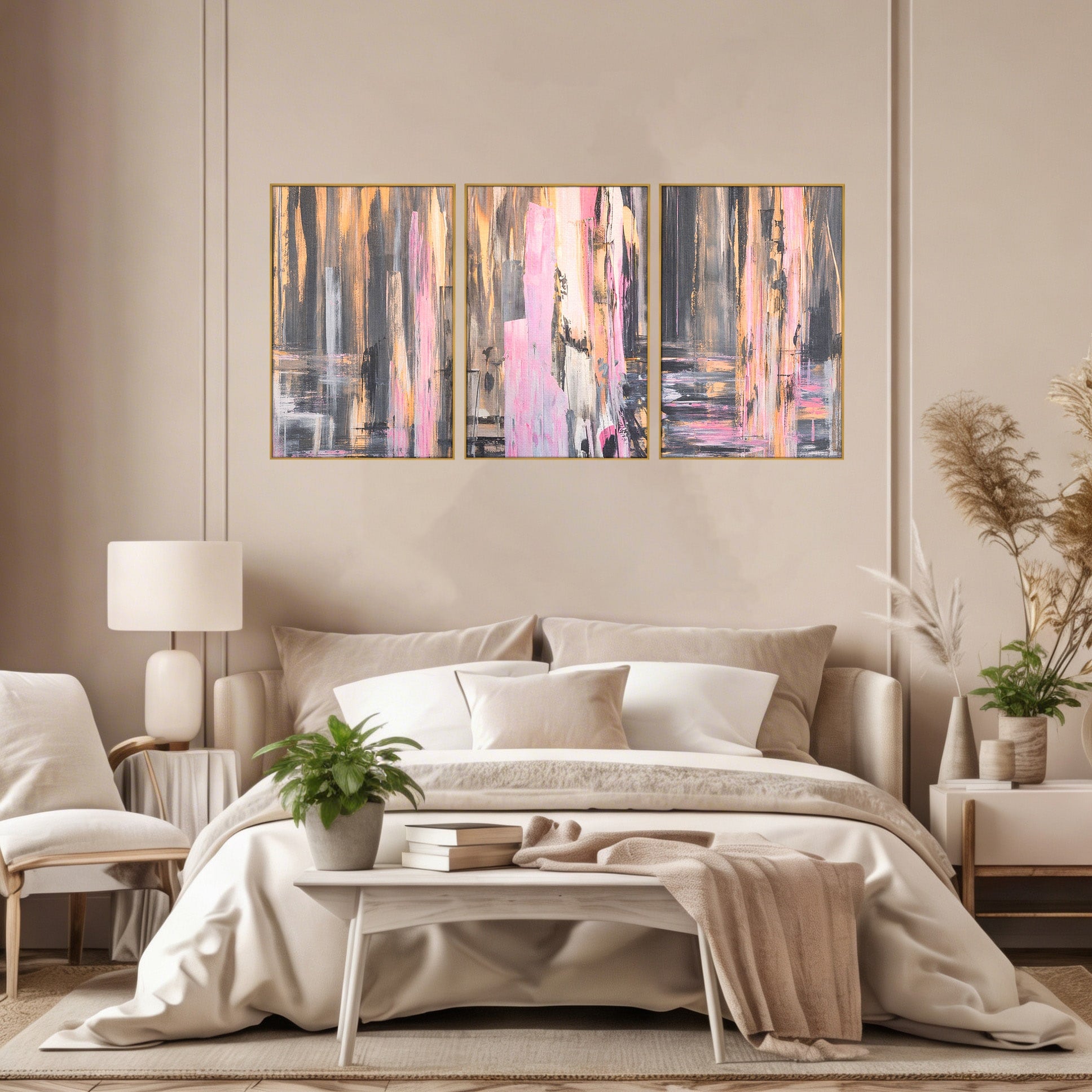 Set 3 Tablouri Canvas Premium LuxCanva® A3-1596, Roz Liniar, Dormitor, Simfonie, Contrast, Living, Decorativ, Culori Vibrante