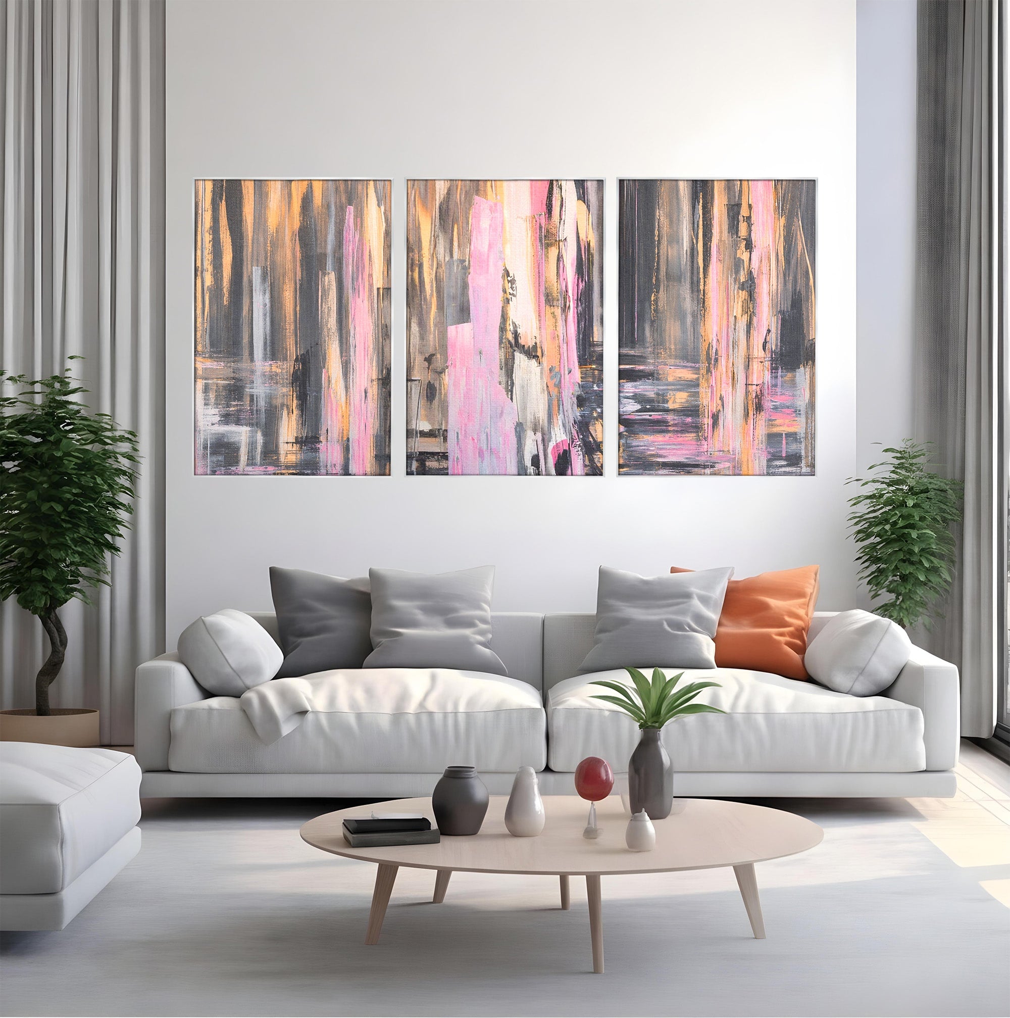 Set 3 Tablouri Canvas Premium LuxCanva® A3-1596, Roz Liniar, Dormitor, Simfonie, Contrast, Living, Decorativ, Culori Vibrante
