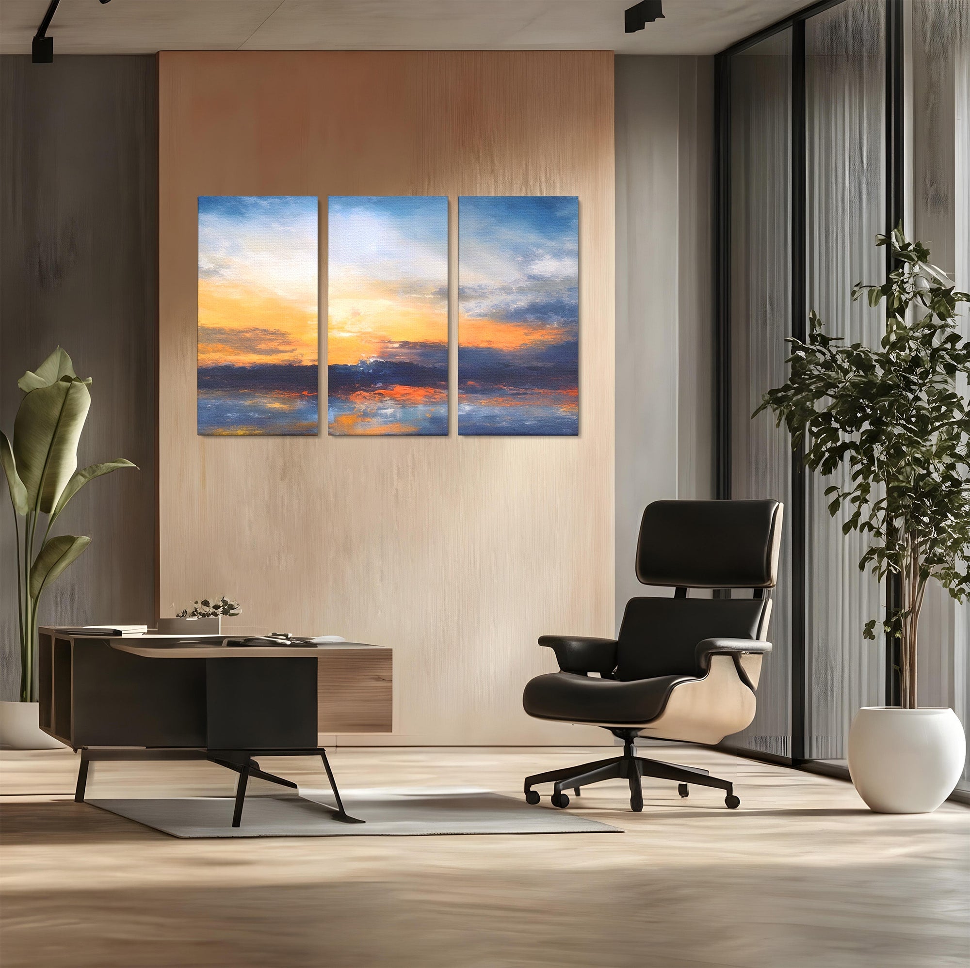 Set 3 Tablouri Canvas Premium LuxCanva® A3-1603, Un Apus Abstract, Living, Pastel, Mare, Soare, Nisip, Dormitor, Culori Vibrante