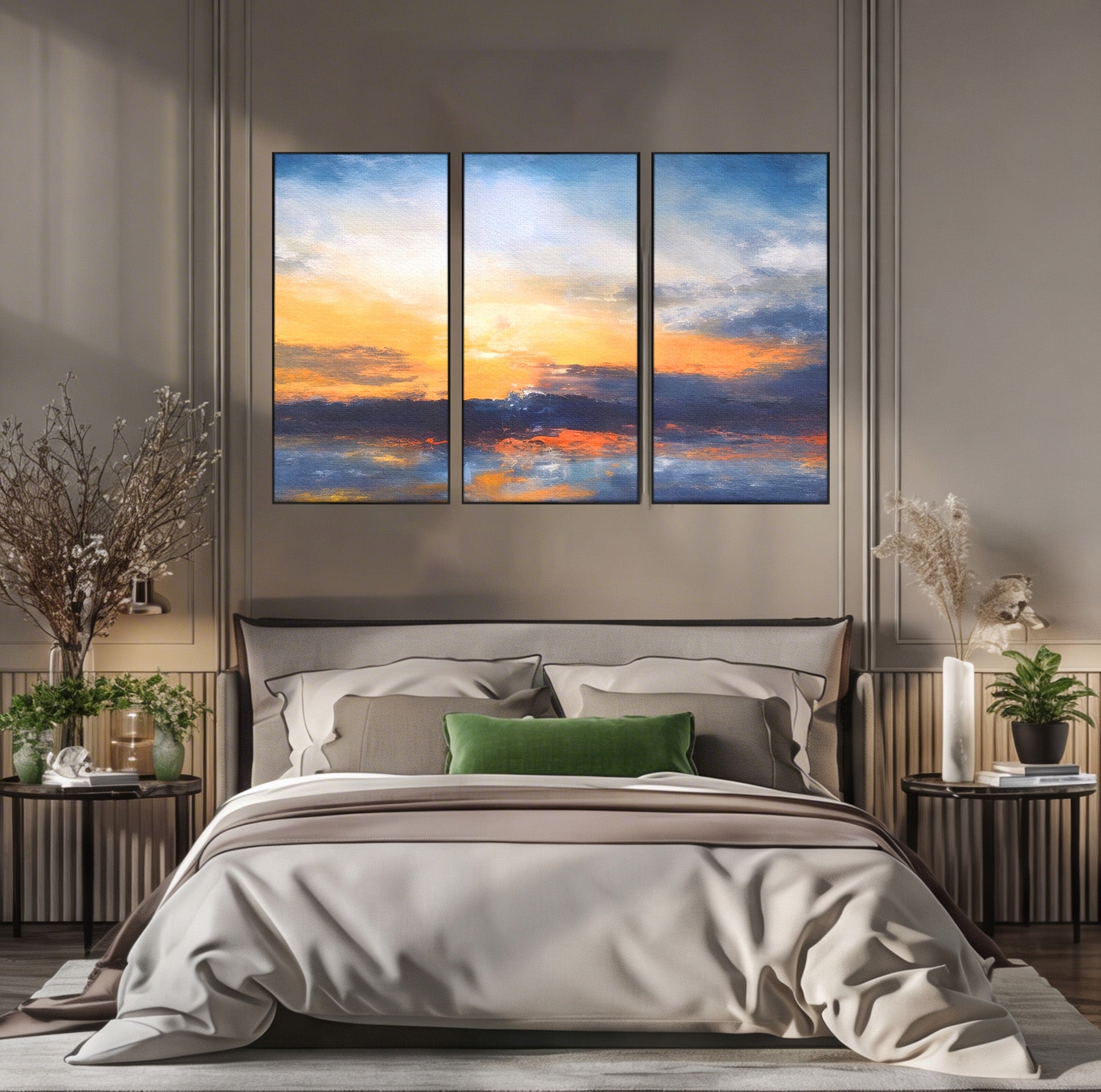 Set 3 Tablouri Canvas Premium LuxCanva® A3-1603, Un Apus Abstract, Living, Pastel, Mare, Soare, Nisip, Dormitor, Culori Vibrante