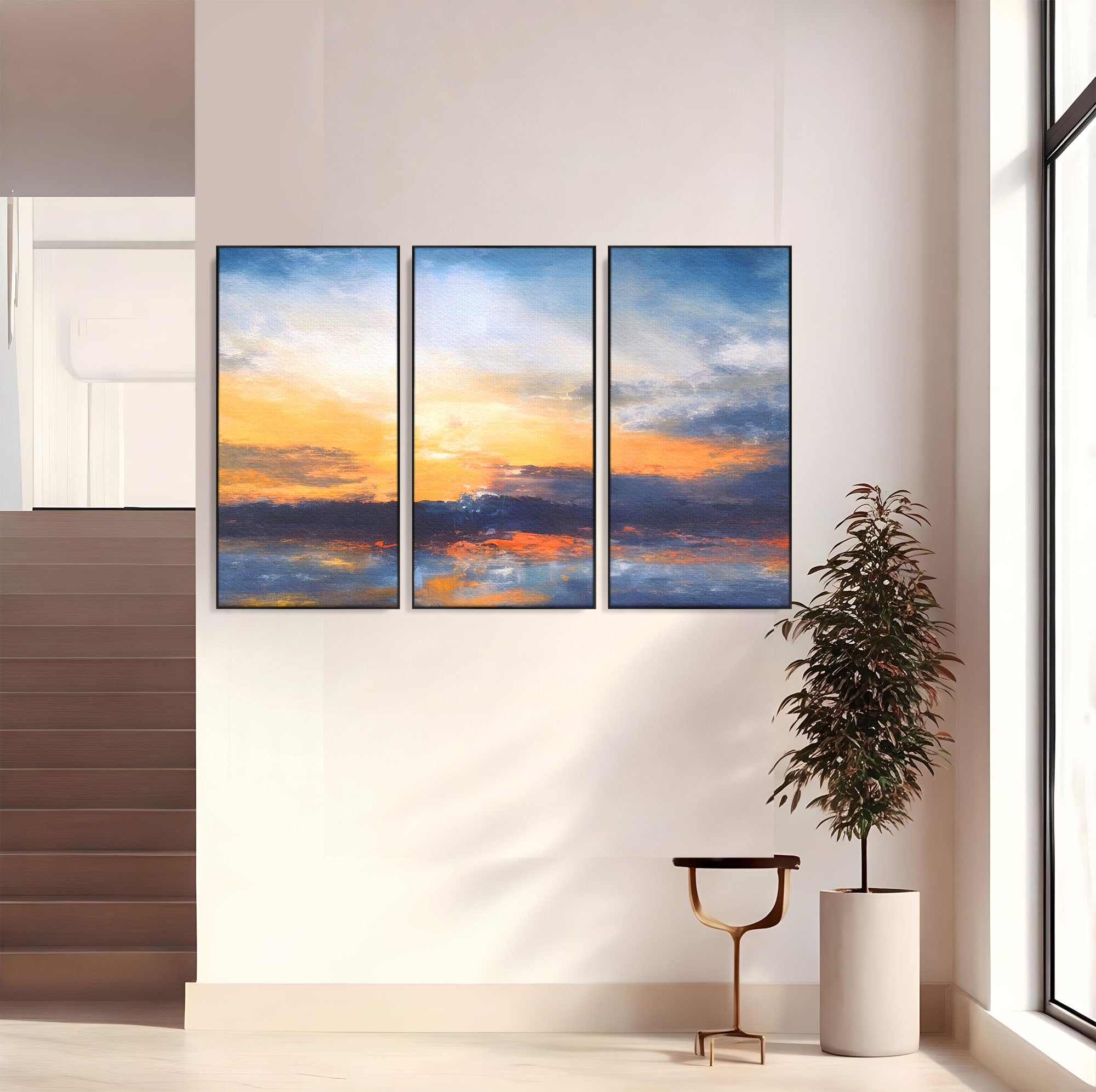 Set 3 Tablouri Canvas Premium LuxCanva® A3-1603, Un Apus Abstract, Living, Pastel, Mare, Soare, Nisip, Dormitor, Culori Vibrante