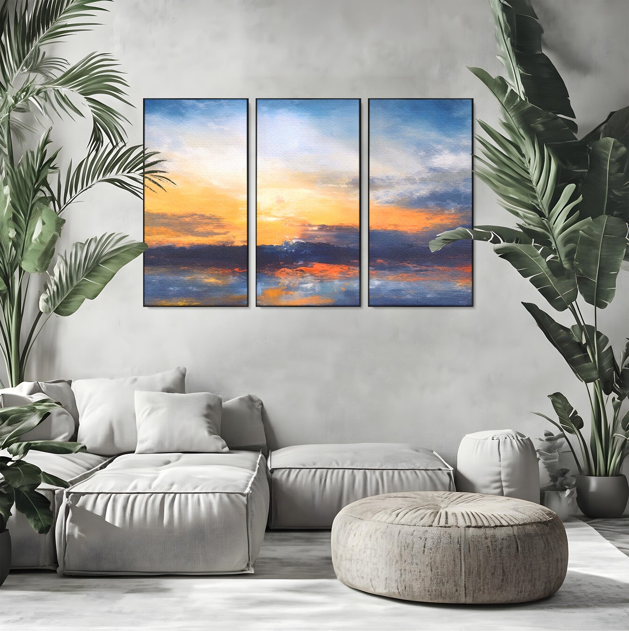 Set 3 Tablouri Canvas Premium LuxCanva® A3-1603, Un Apus Abstract, Living, Pastel, Mare, Soare, Nisip, Dormitor, Culori Vibrante
