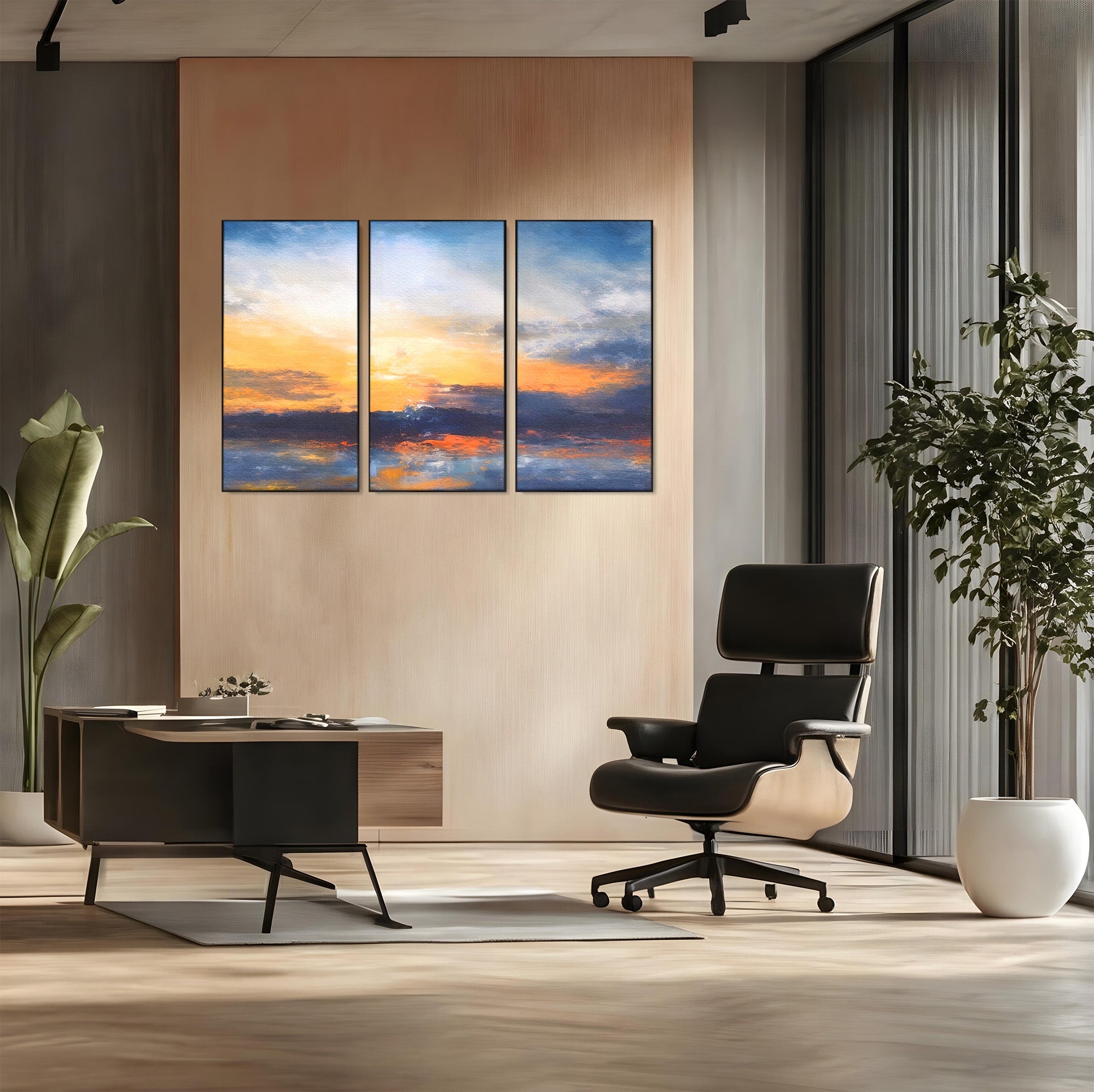Set 3 Tablouri Canvas Premium LuxCanva® A3-1603, Un Apus Abstract, Living, Pastel, Mare, Soare, Nisip, Dormitor, Culori Vibrante