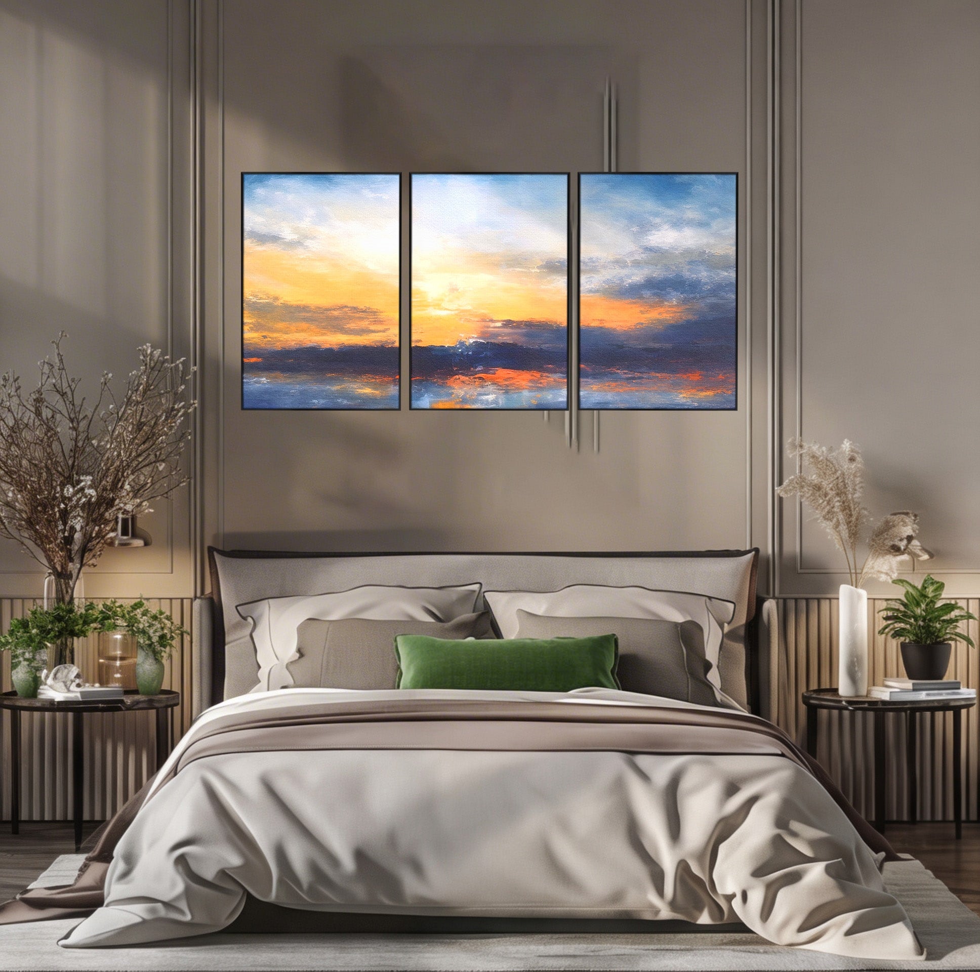 Set 3 Tablouri Canvas Premium LuxCanva® A3-1603, Un Apus Abstract, Living, Pastel, Mare, Soare, Nisip, Dormitor, Culori Vibrante