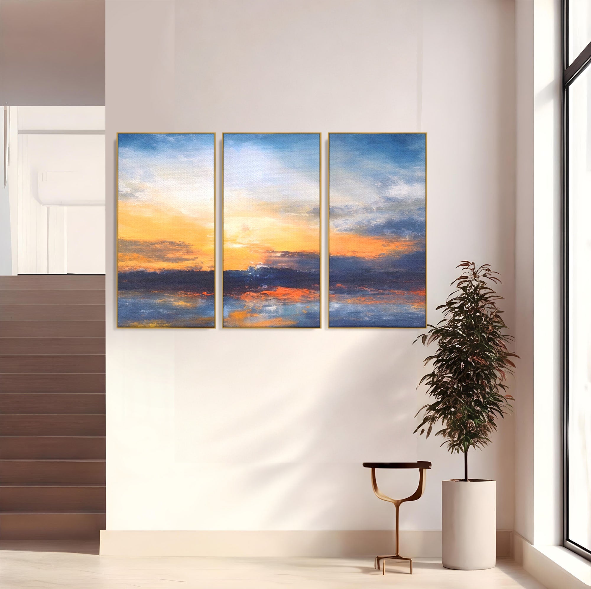 Set 3 Tablouri Canvas Premium LuxCanva® A3-1603, Un Apus Abstract, Living, Pastel, Mare, Soare, Nisip, Dormitor, Culori Vibrante