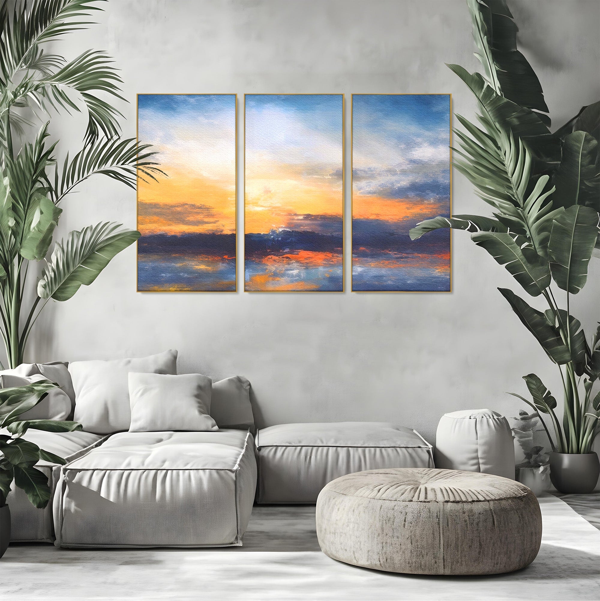 Set 3 Tablouri Canvas Premium LuxCanva® A3-1603, Un Apus Abstract, Living, Pastel, Mare, Soare, Nisip, Dormitor, Culori Vibrante