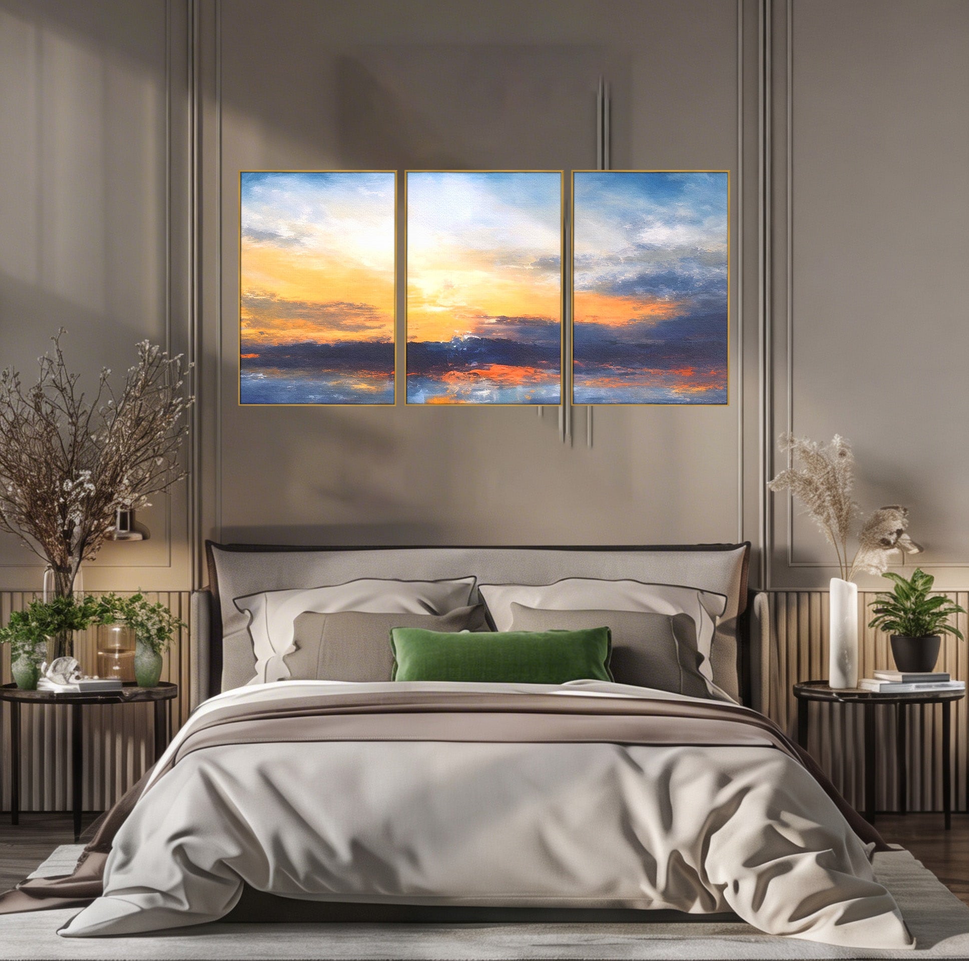 Set 3 Tablouri Canvas Premium LuxCanva® A3-1603, Un Apus Abstract, Living, Pastel, Mare, Soare, Nisip, Dormitor, Culori Vibrante