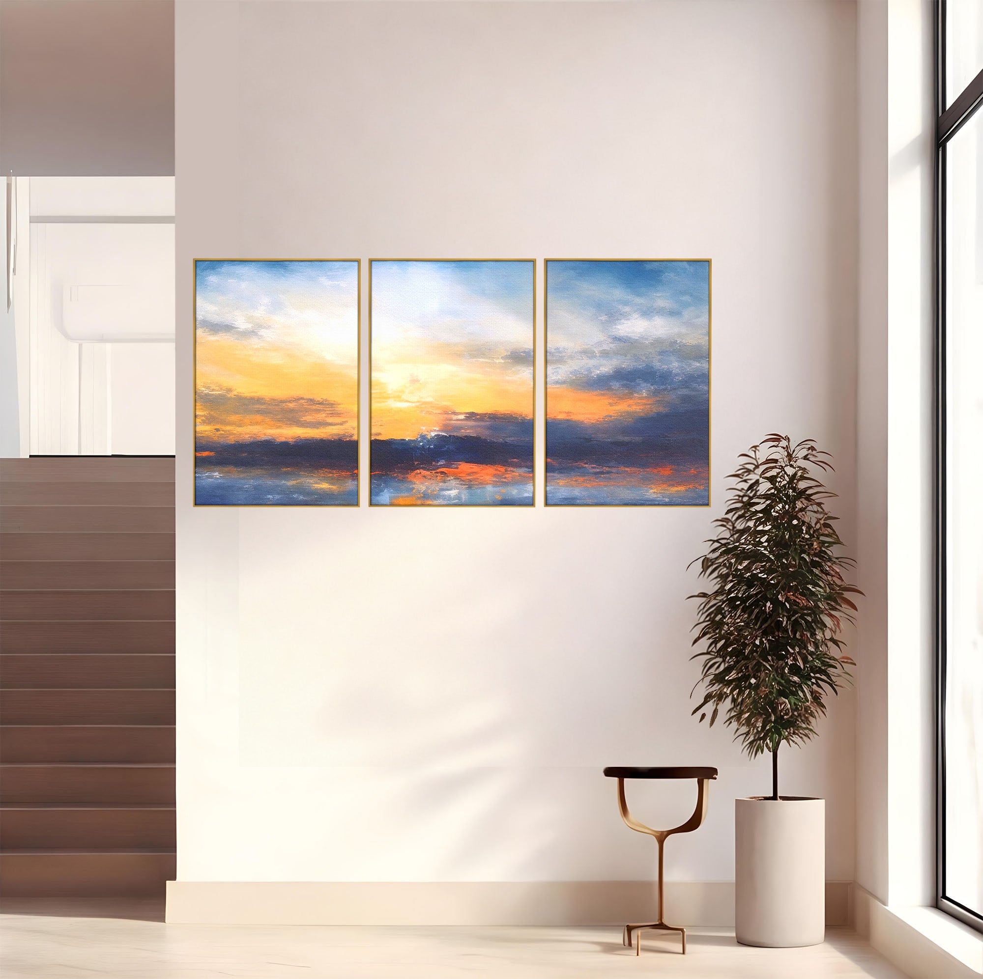 Set 3 Tablouri Canvas Premium LuxCanva® A3-1603, Un Apus Abstract, Living, Pastel, Mare, Soare, Nisip, Dormitor, Culori Vibrante