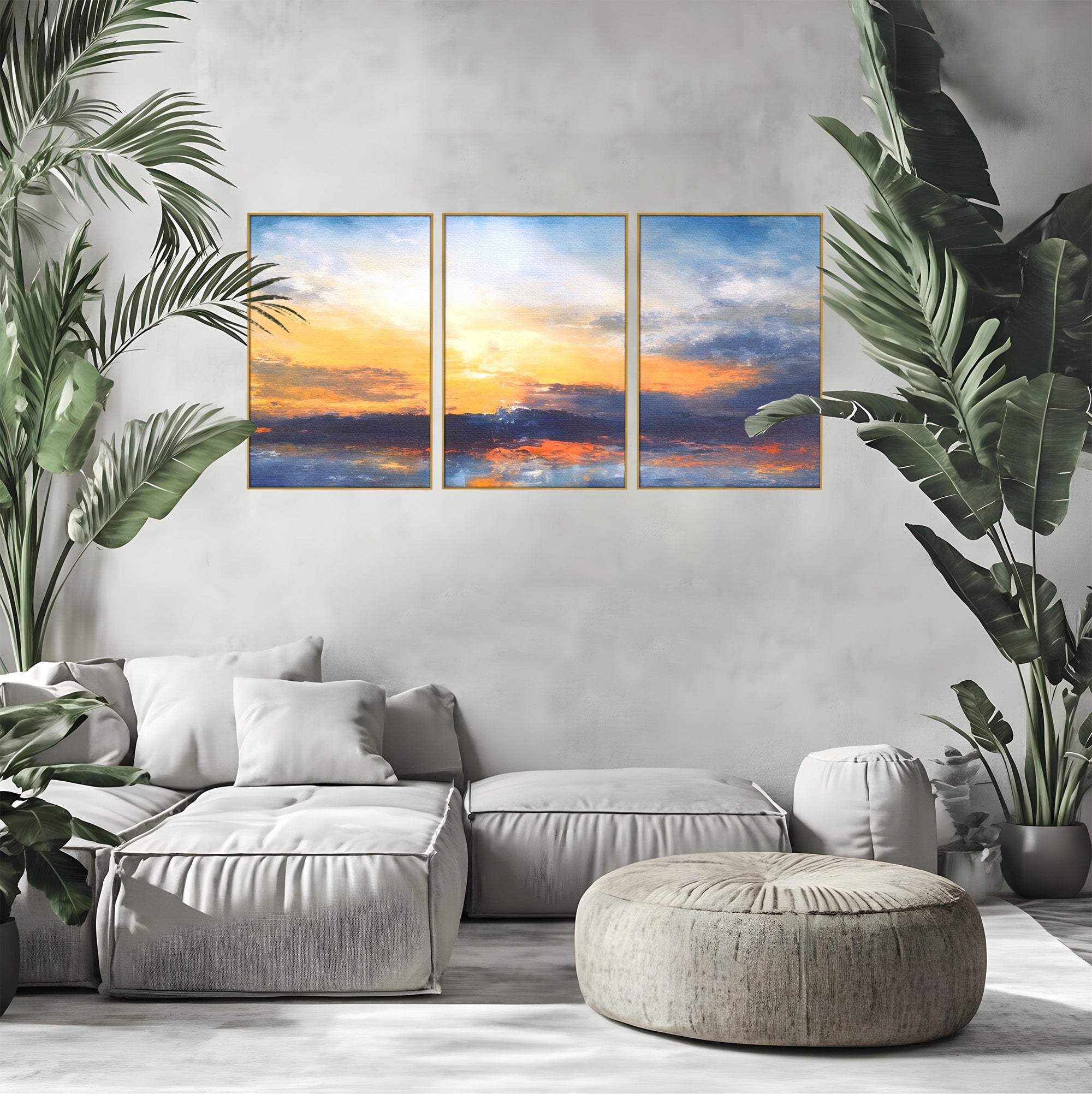 Set 3 Tablouri Canvas Premium LuxCanva® A3-1603, Un Apus Abstract, Living, Pastel, Mare, Soare, Nisip, Dormitor, Culori Vibrante