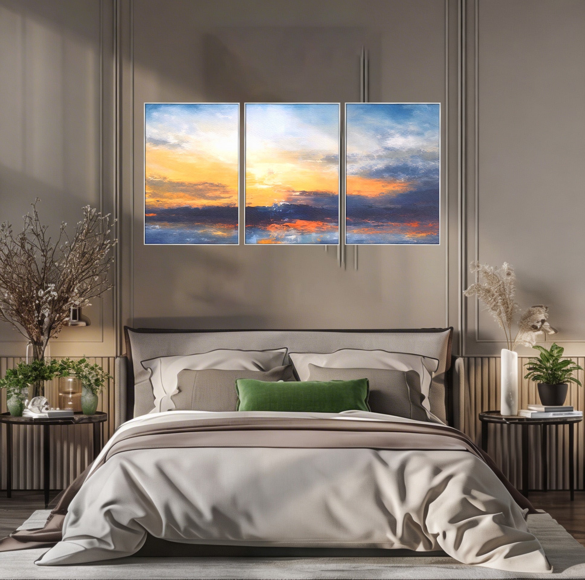 Set 3 Tablouri Canvas Premium LuxCanva® A3-1603, Un Apus Abstract, Living, Pastel, Mare, Soare, Nisip, Dormitor, Culori Vibrante