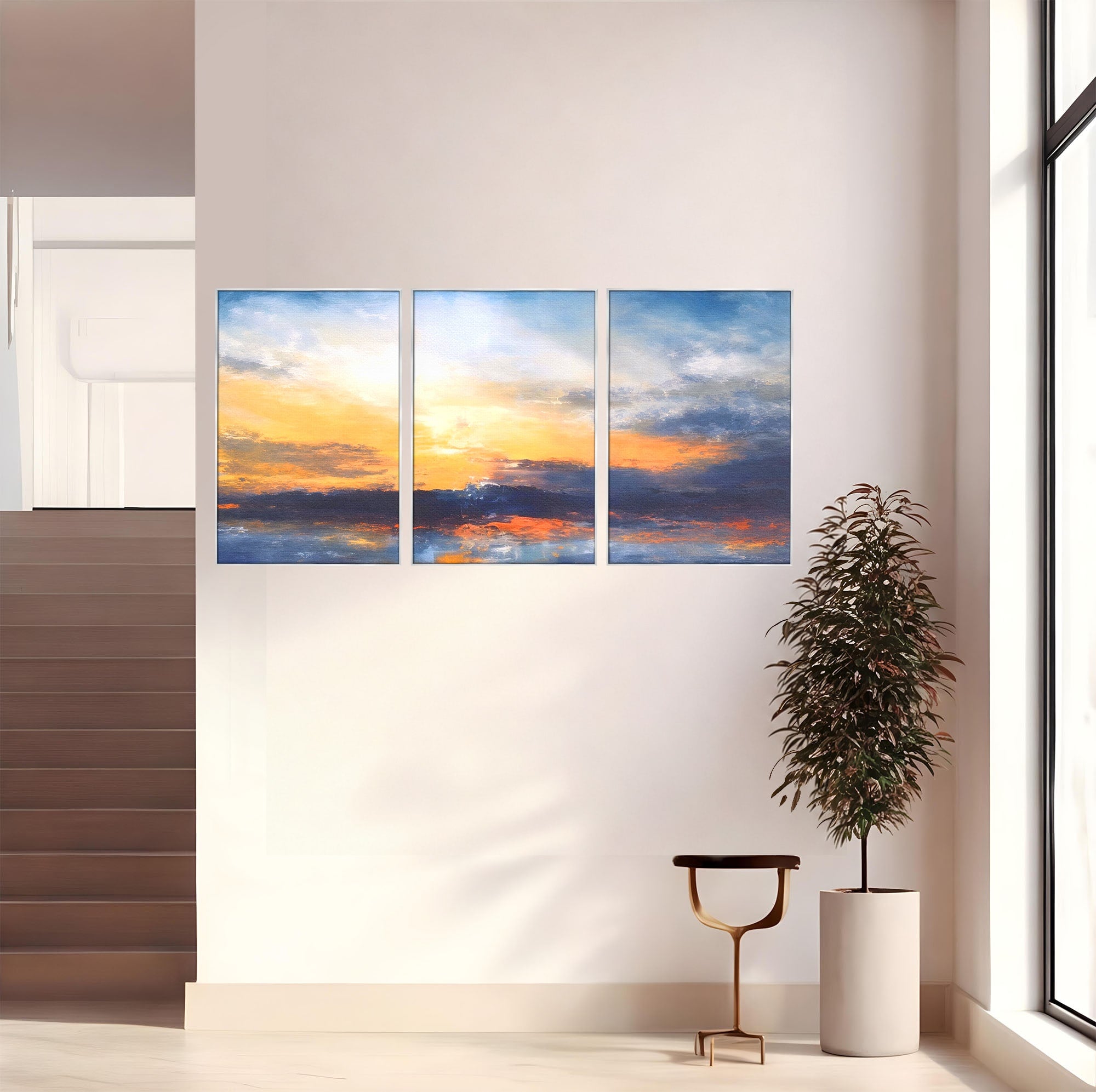 Set 3 Tablouri Canvas Premium LuxCanva® A3-1603, Un Apus Abstract, Living, Pastel, Mare, Soare, Nisip, Dormitor, Culori Vibrante