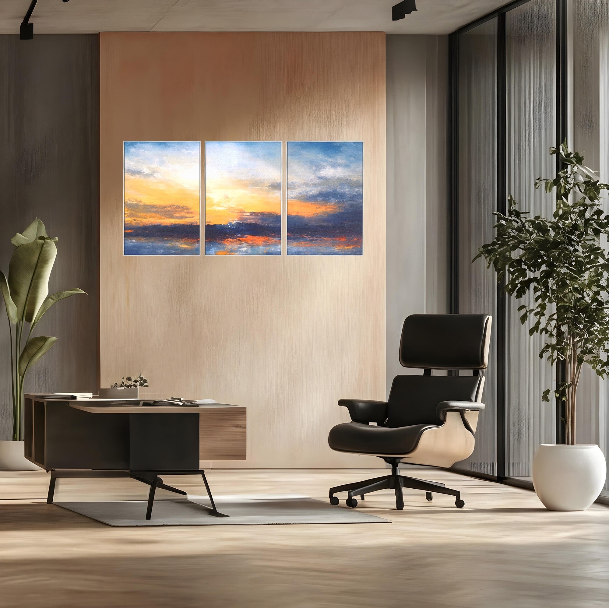 Set 3 Tablouri Canvas Premium LuxCanva® A3-1603, Un Apus Abstract, Living, Pastel, Mare, Soare, Nisip, Dormitor, Culori Vibrante