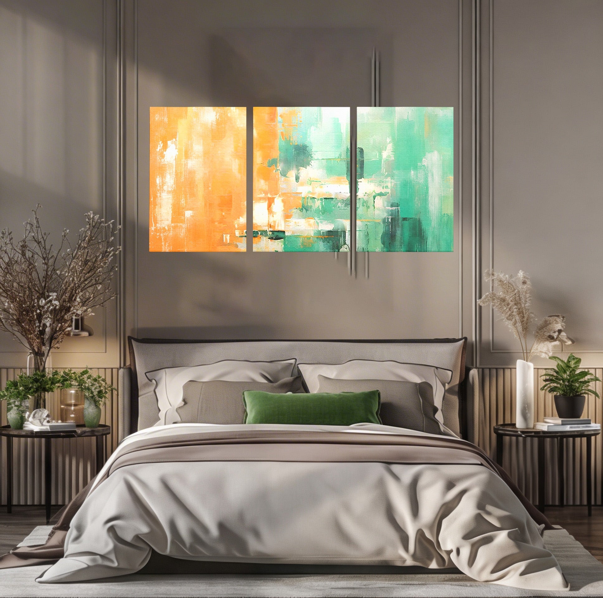 Set 3 Tablouri Canvas Premium LuxCanva® A3-1605, Imbratisare De Contrast, Living, Abstract, Decorativ, Orange, Dormitor, Culori Vibrante