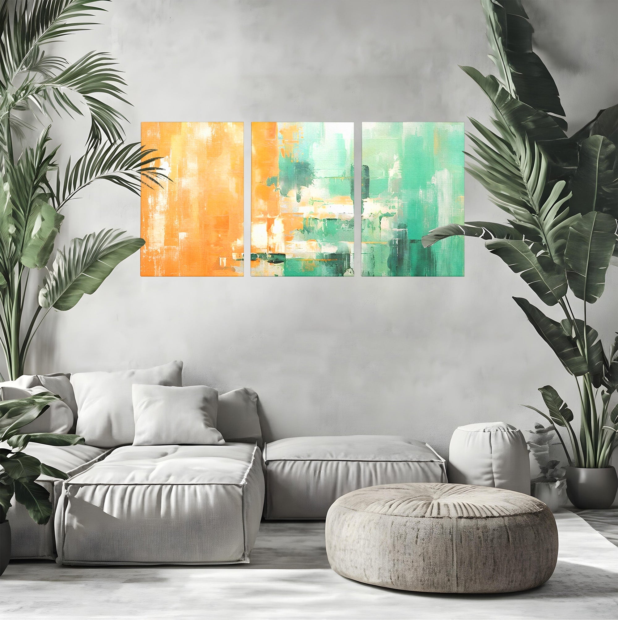 Set 3 Tablouri Canvas Premium LuxCanva® A3-1605, Imbratisare De Contrast, Living, Abstract, Decorativ, Orange, Dormitor, Culori Vibrante